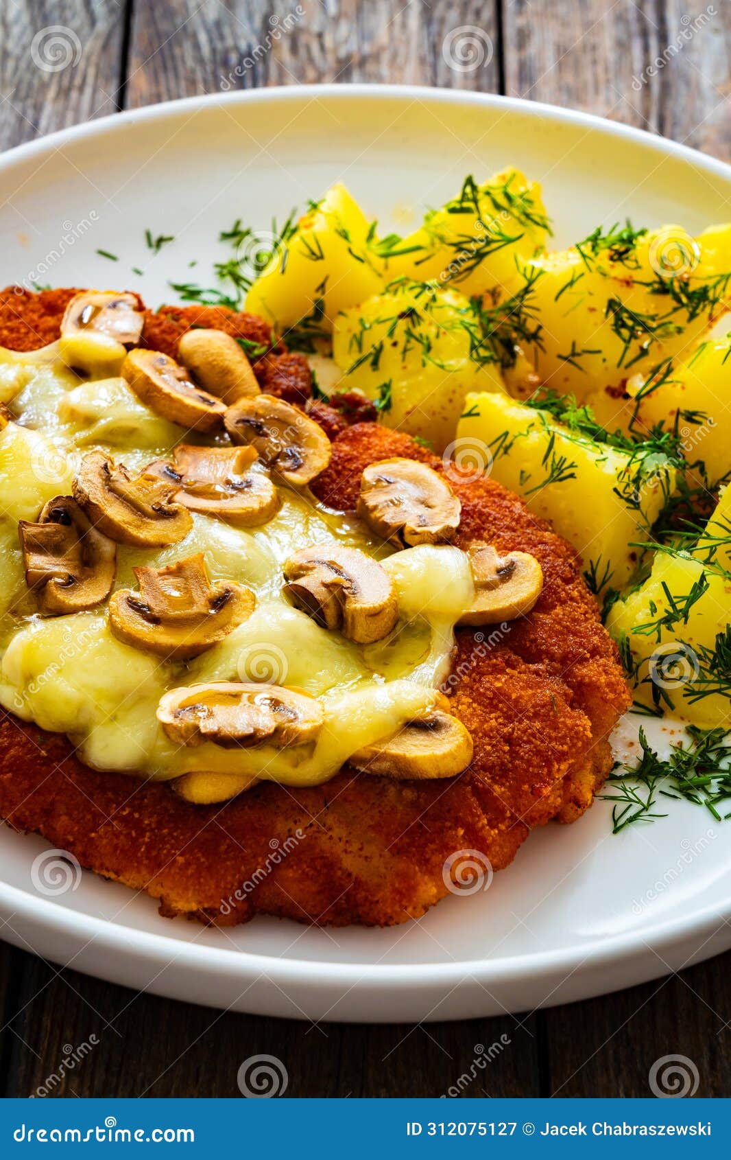 Crispy Breaded Seared Pork Chop with Fried White Mushrooms, Cheese and ...