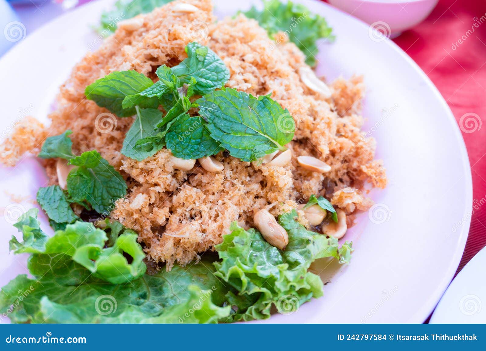 Crispy Catfish Salad with Bean and Vegetable.thai Food Stock Photo