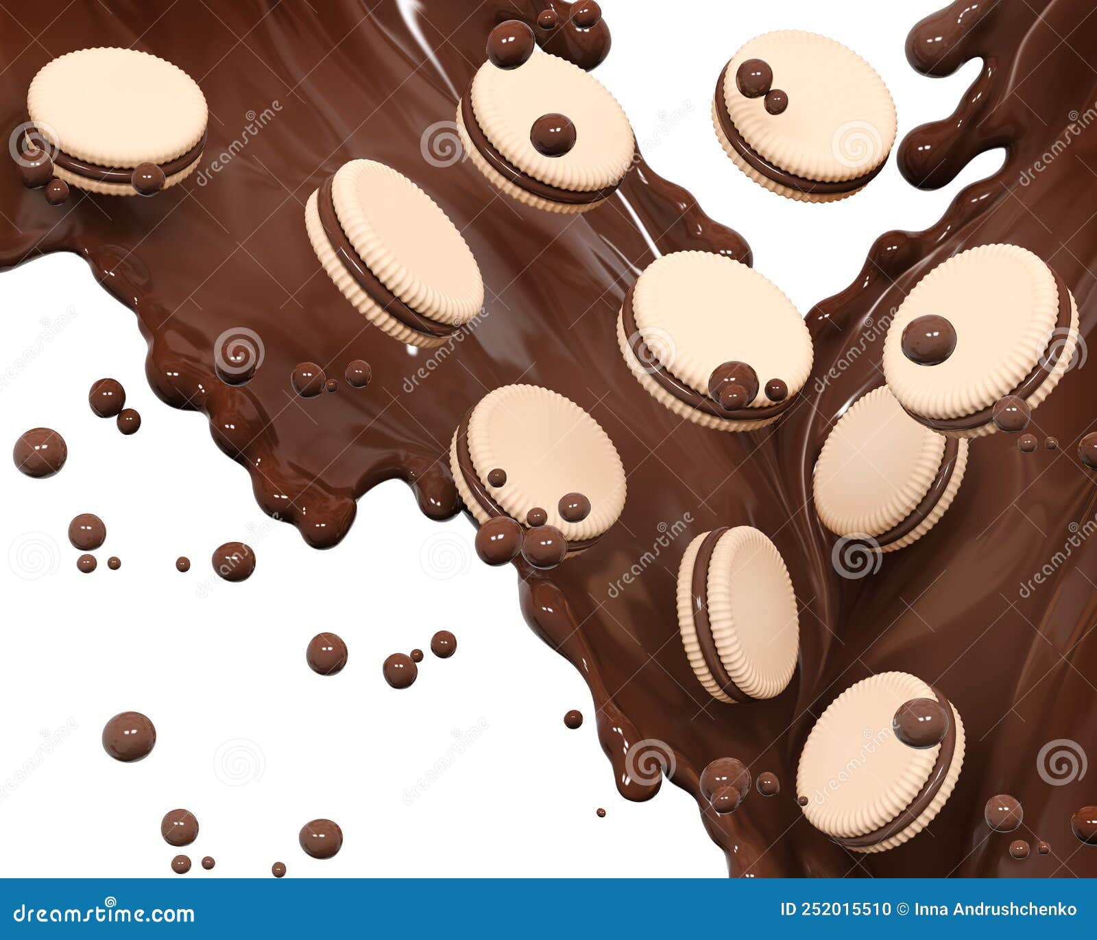 crispy and crunchy biscuits or cookies in hot chocolate splash, sauce or syrup, cocoa drink or choco cream, melted chocolate wave