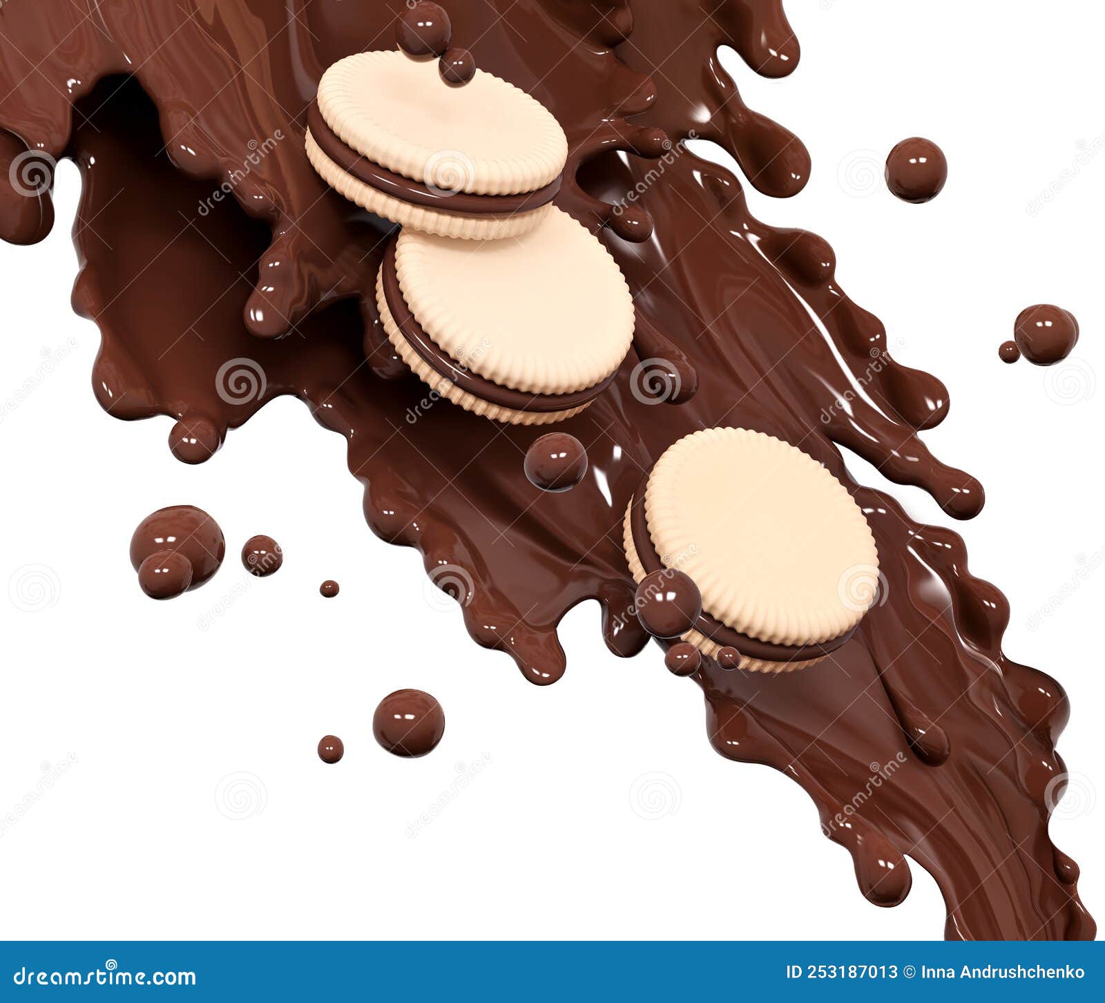 crispy and crunchy biscuits or cookies in hot chocolate splash, sauce or syrup, cocoa drink or choco cream, melted chocolate wave