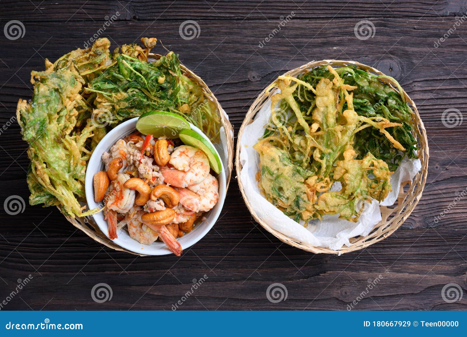 Crispy Deep Fried Morning Glory with Spicy Shrimp Salad Stock Image