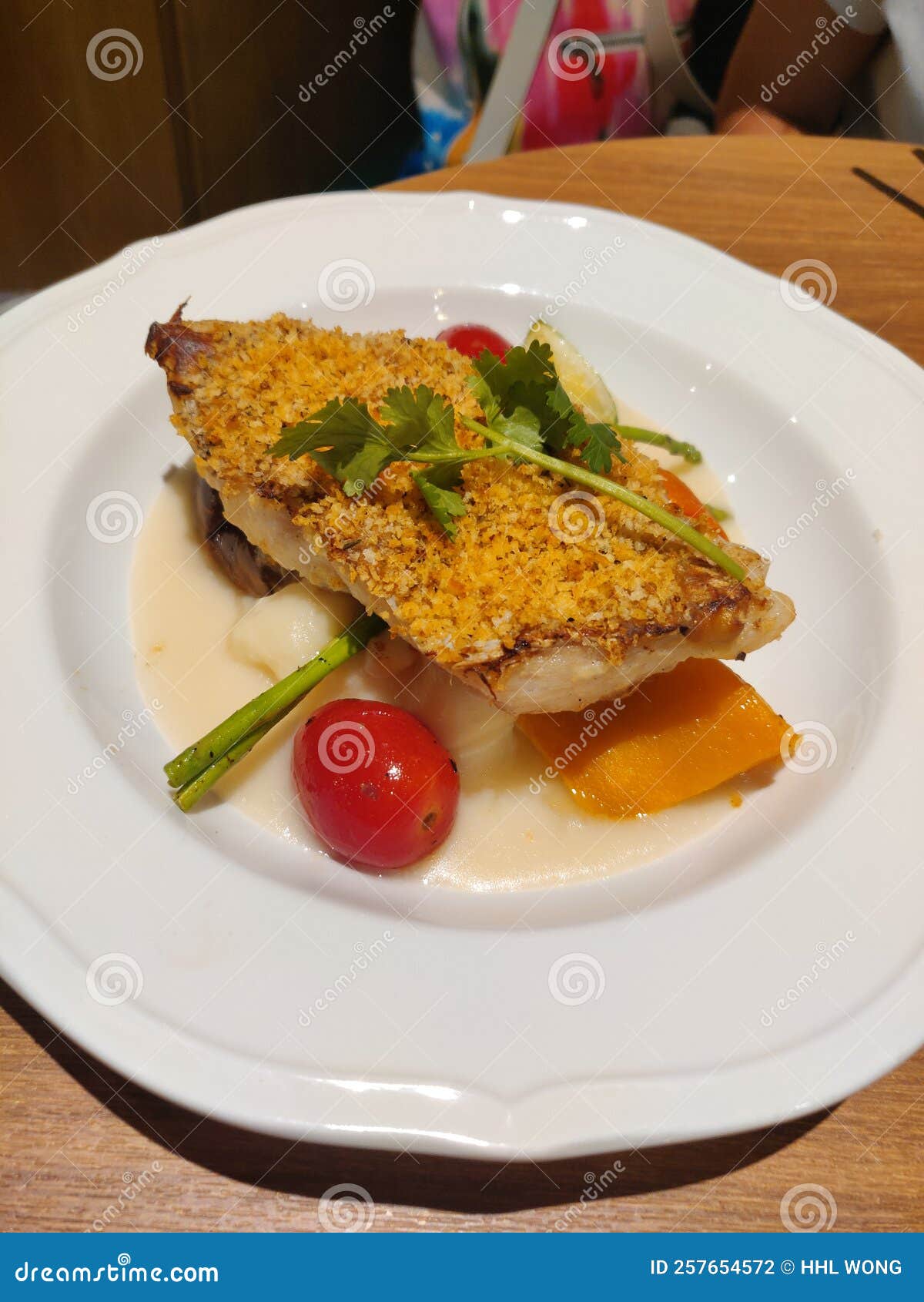 Crispy Fish with Potato Mashed Tomato Fine Dinner Western Food Stock
