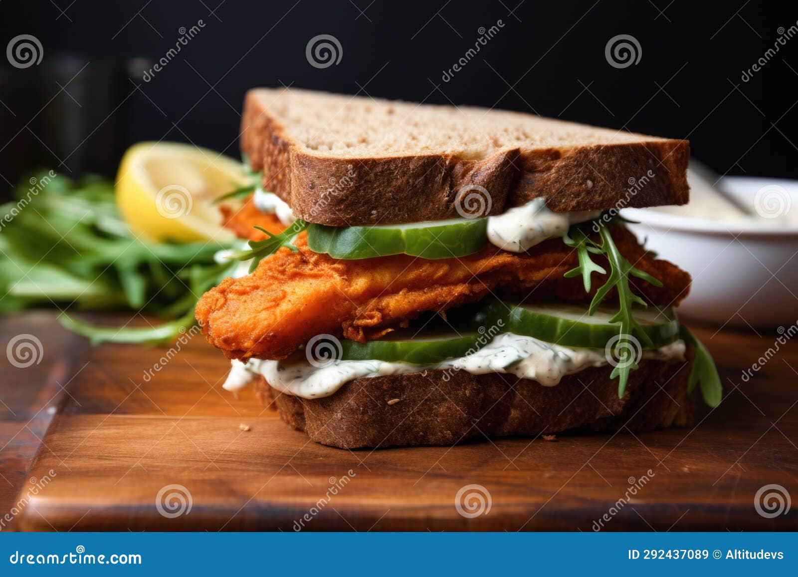 Crispy Fish Sandwich on Dark Rye Bread Stock Image Image of