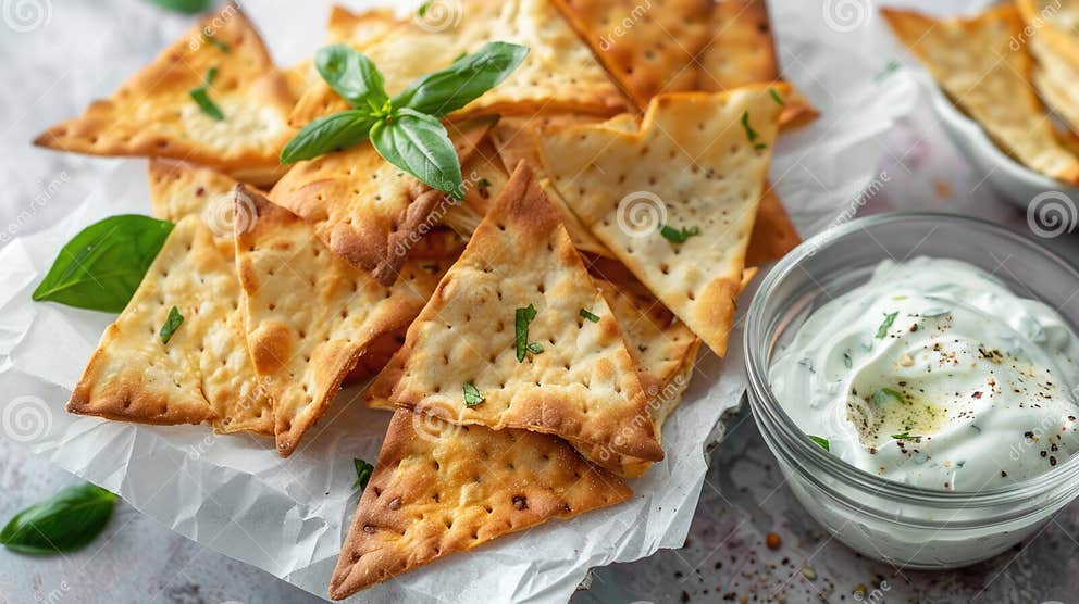Crispy Flatbread Crackers with Herbs Served with a Bowl of Yogurt Dip
