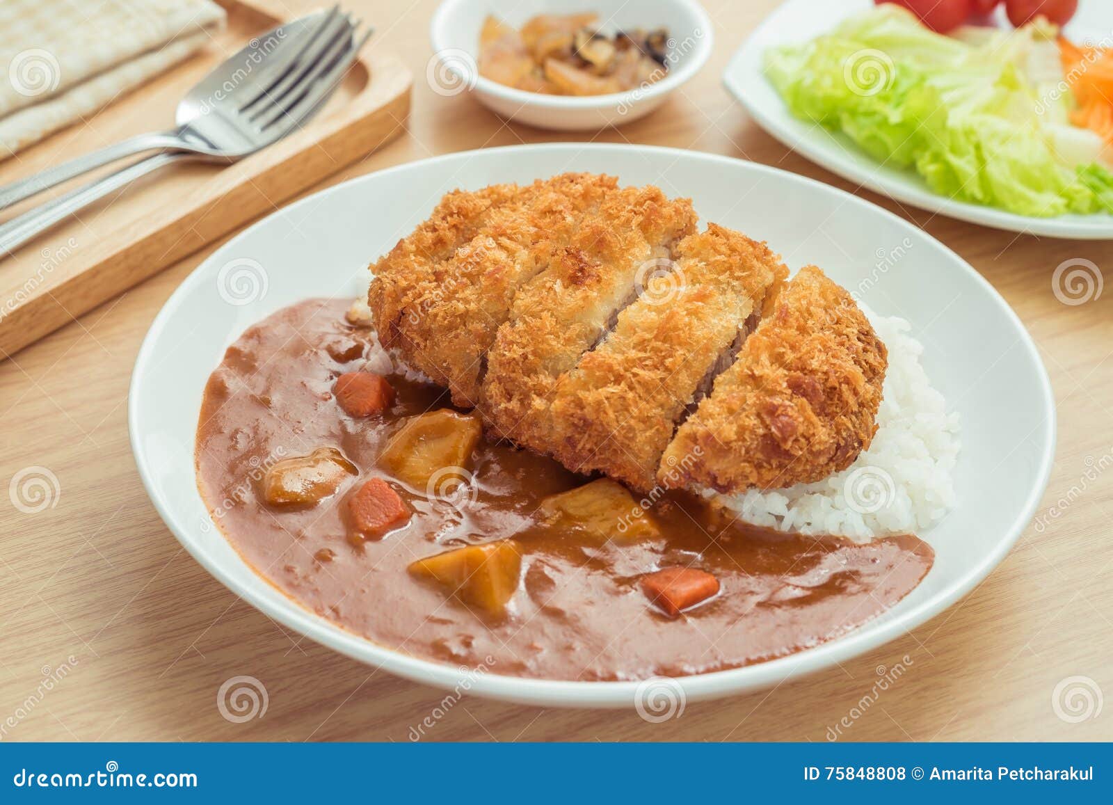 Crispy Fried Pork Cutlet with Curry and Rice, Japanese Food Stock Photo