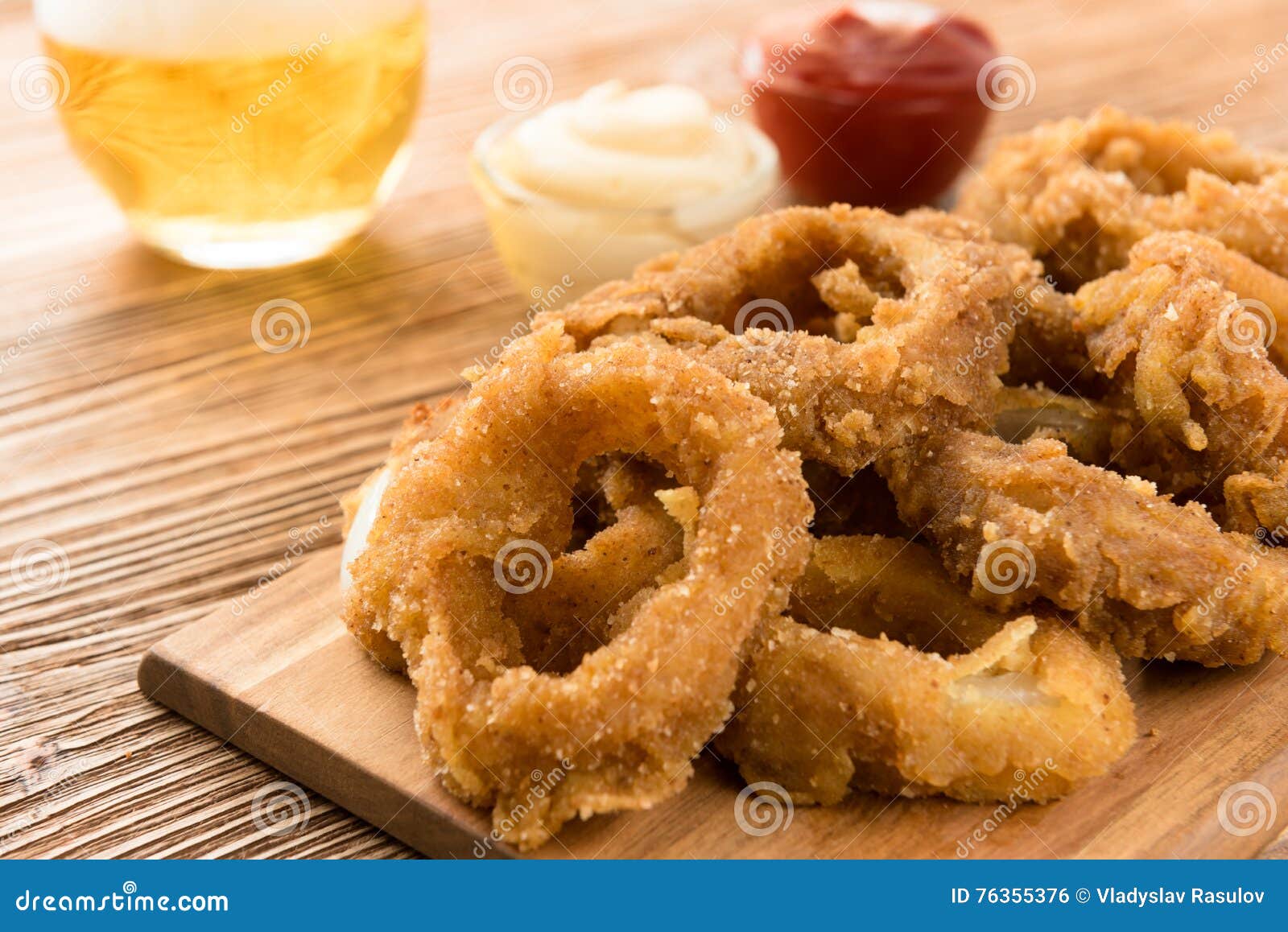 Crispy Onion Rings with Beer and Ketchup Stock Photo Image of