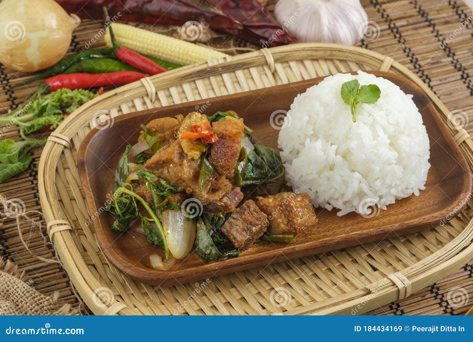Crispy Pork Belly with Thai Basil. Classic Thai Dish Stock Image