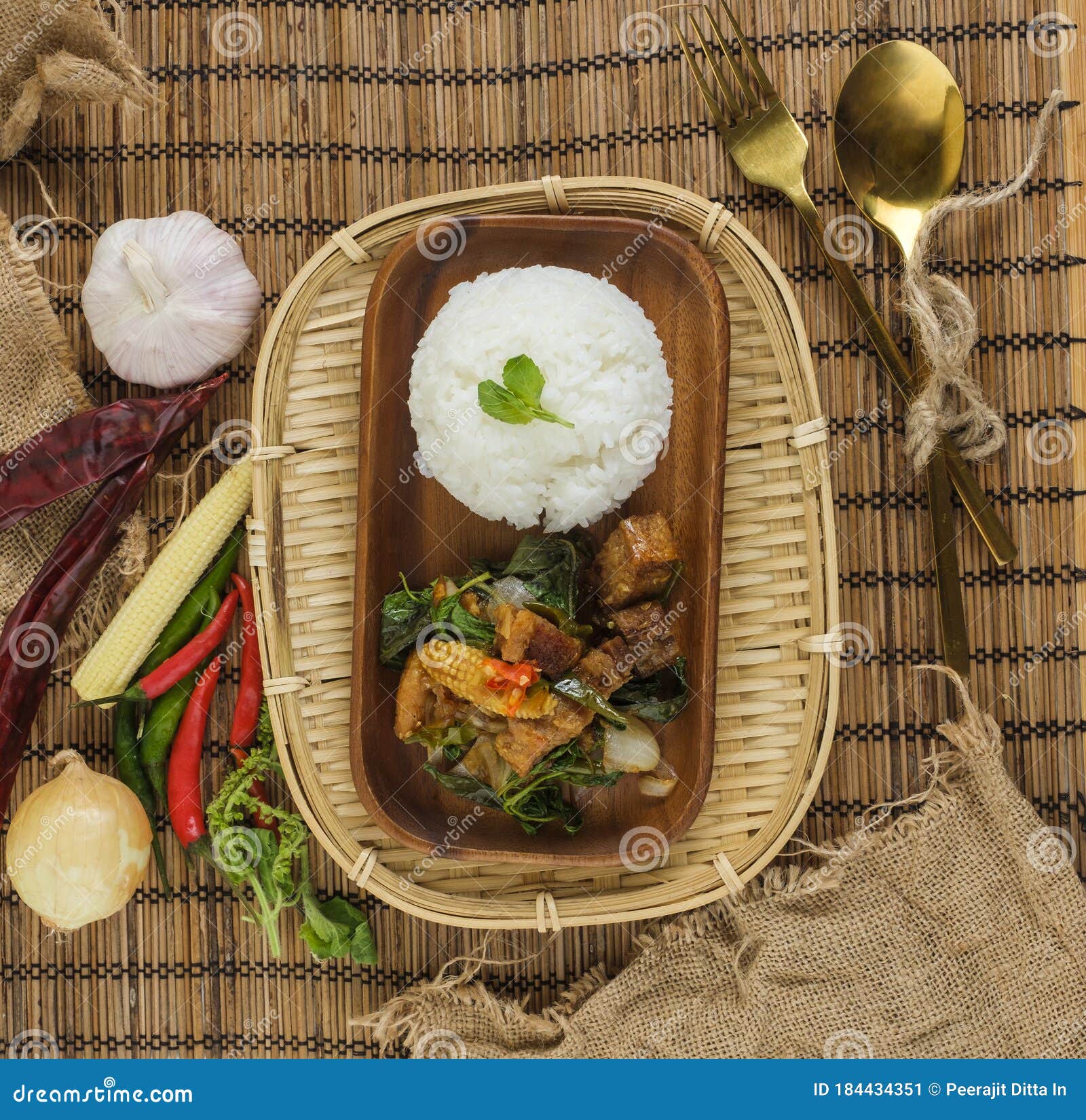 Crispy Pork Belly with Thai Basil. Classic Thai Dish Stock Image