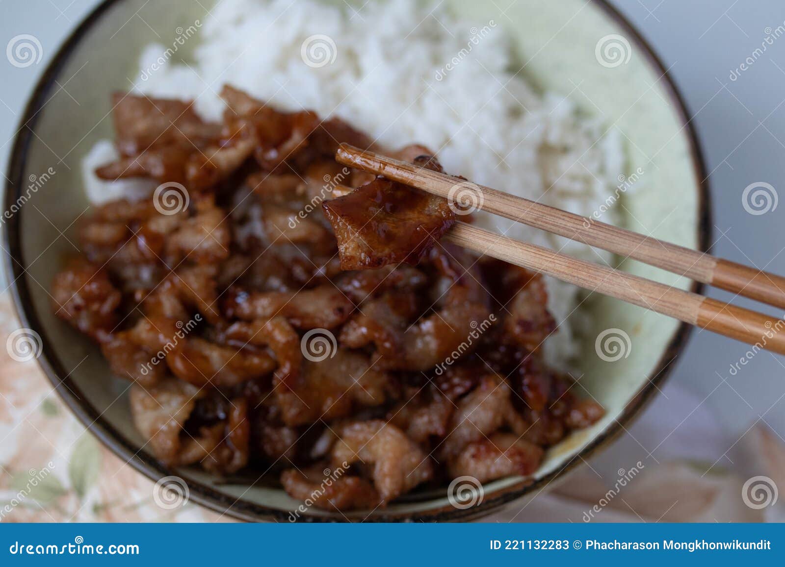 Crispy Pork Chop in a Bowl of Steamed Rice Stock Image Image of