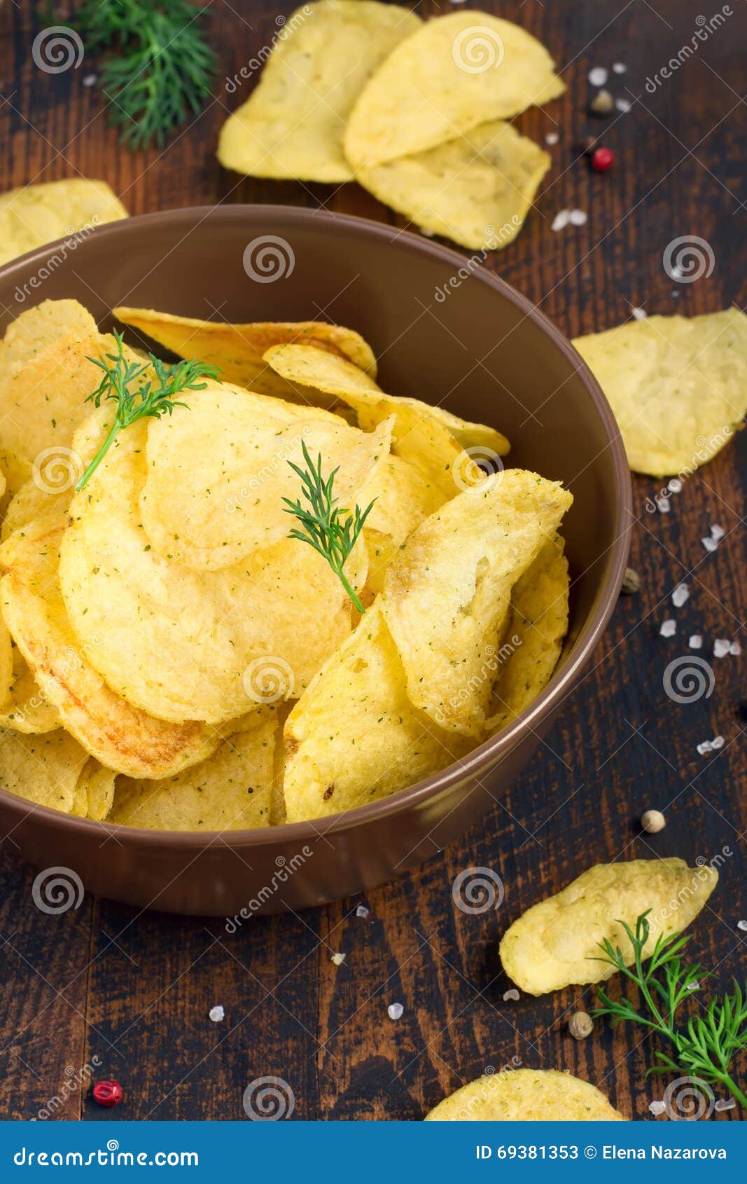 Crispy Potato Chips with Greens in a Bowl Stock Image Image of junk
