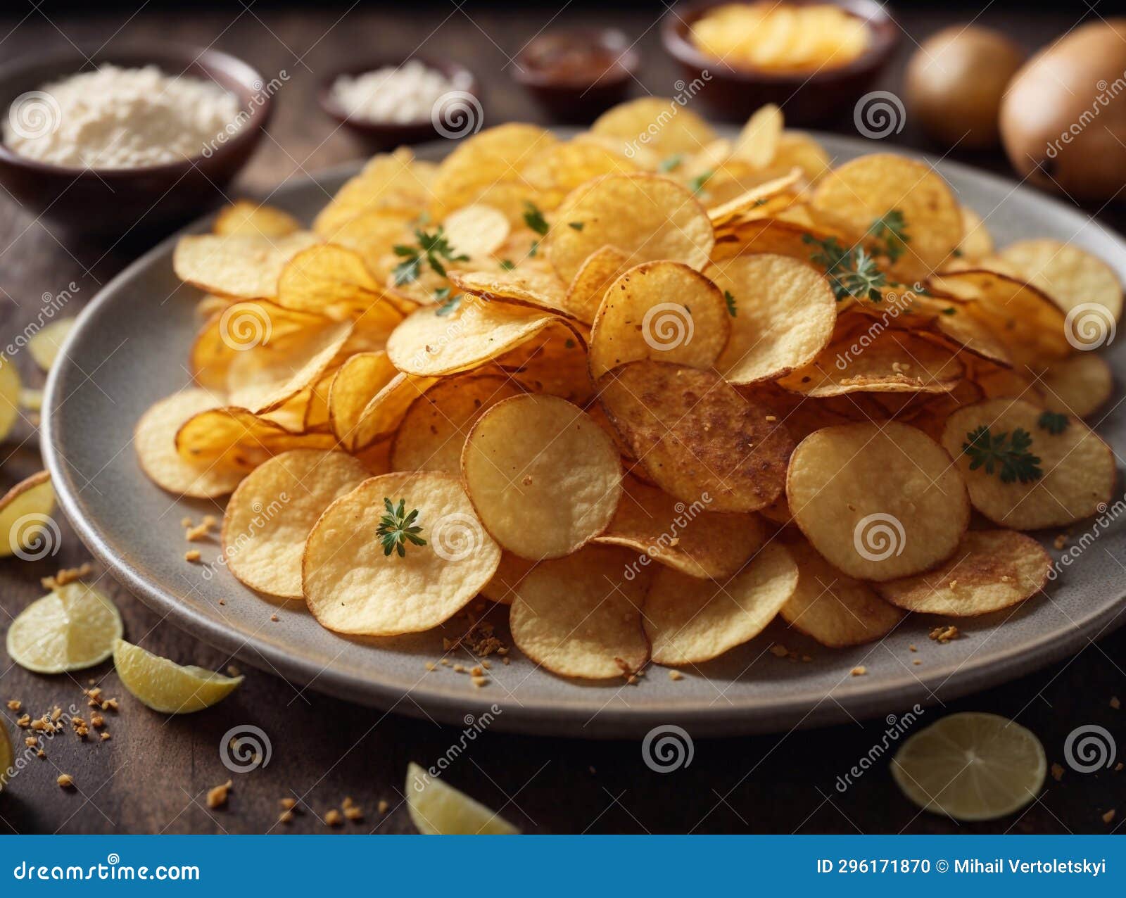 Crispy Potato Chips in a Plate with Seasoning Stock Illustration