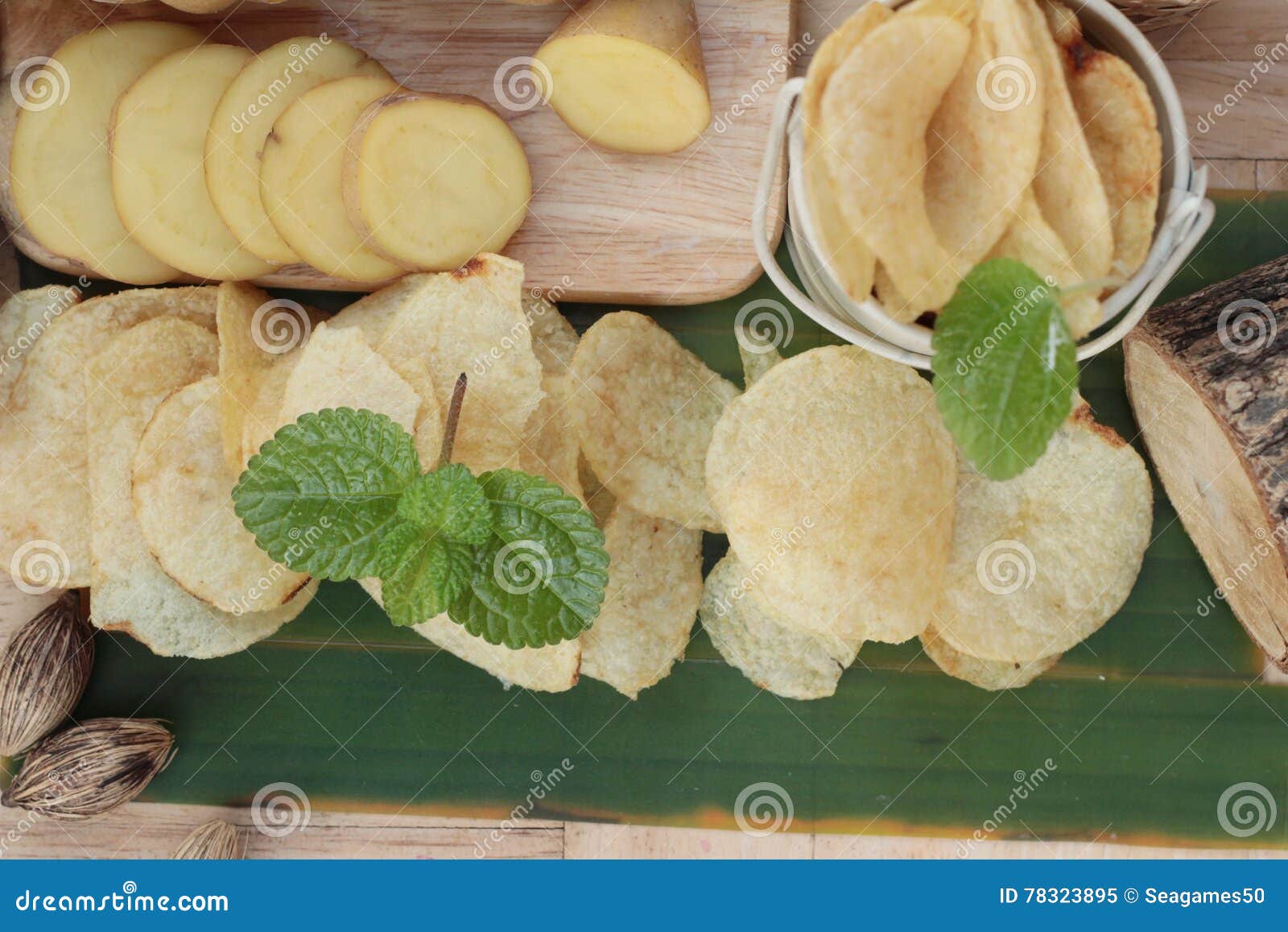 Crispy Potato Chips with Salt and Fresh Potatoes. Stock Image Image