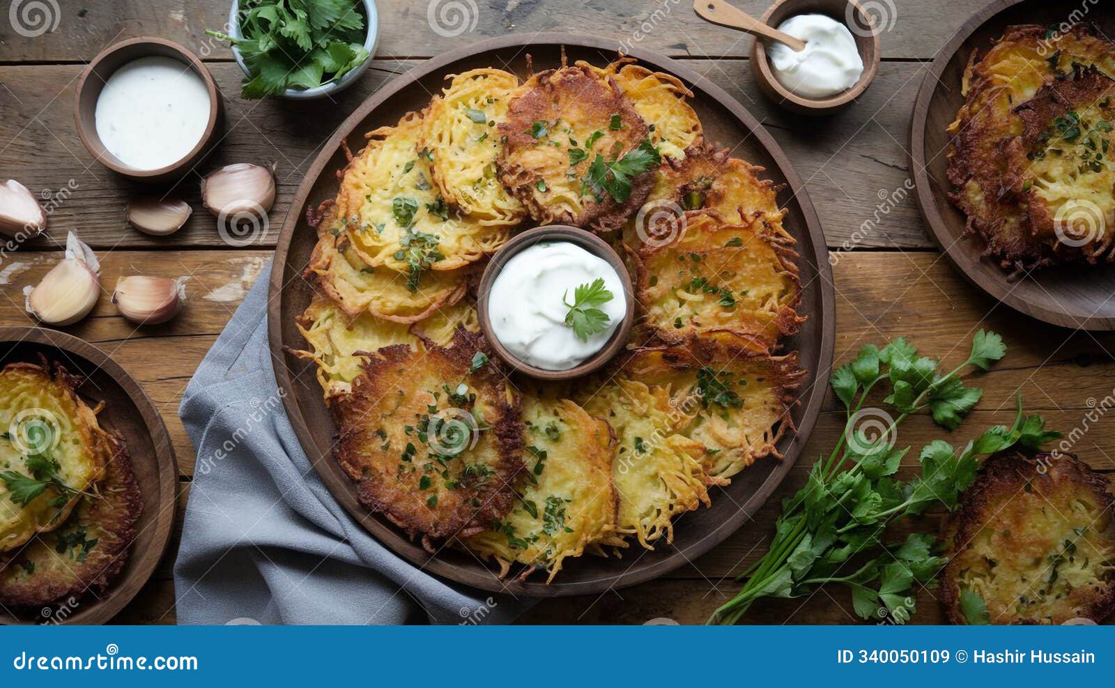 crispy potato pancakes with sour cream and parsley on rustic wood background