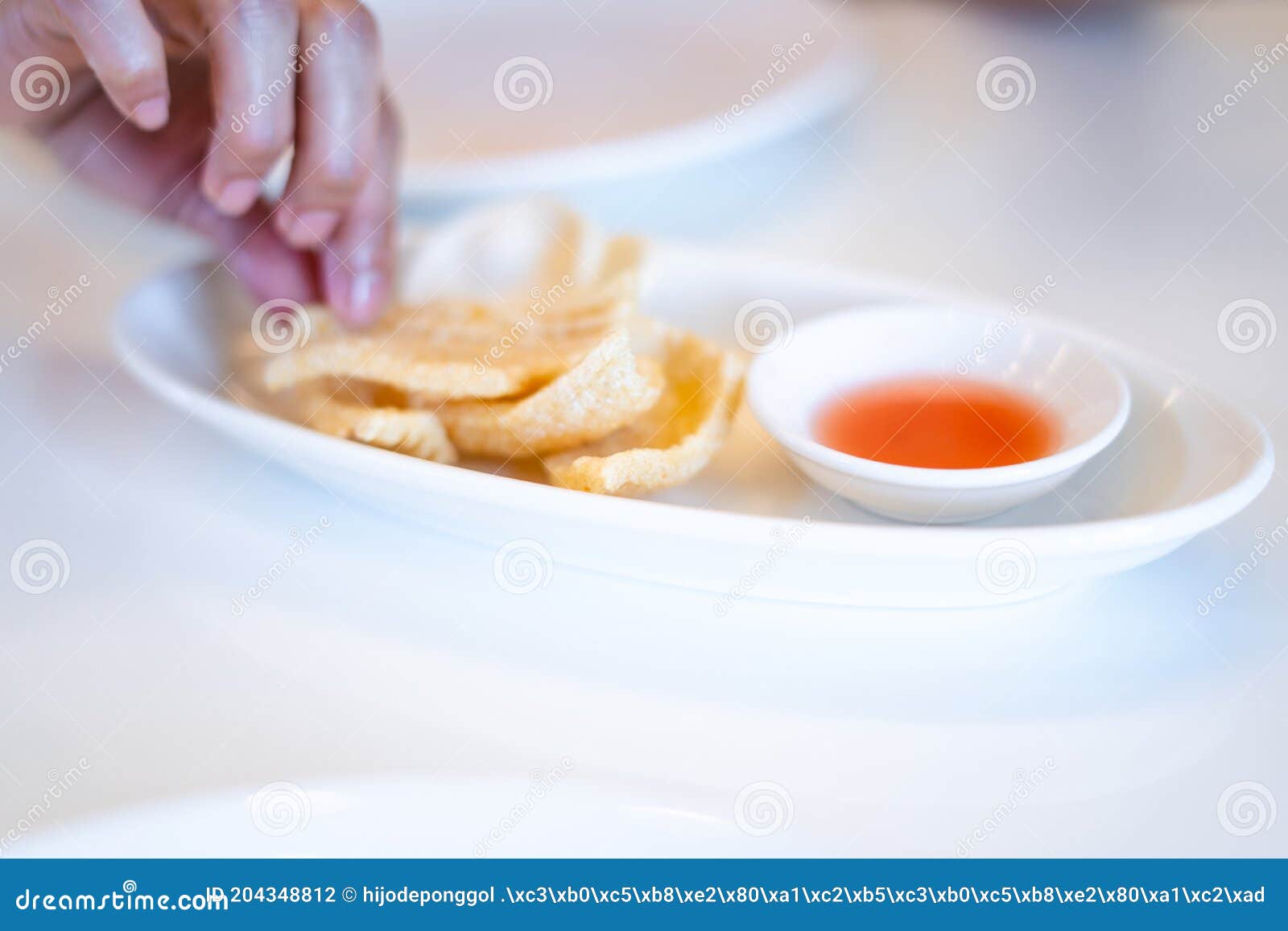 Crispy Shrimp Crackers with Sweet Chili Dip Sause for Appetizer Stock