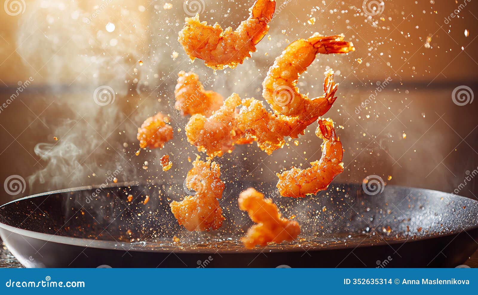 crispy shrimp frying in a hot pan with flying crumbs.