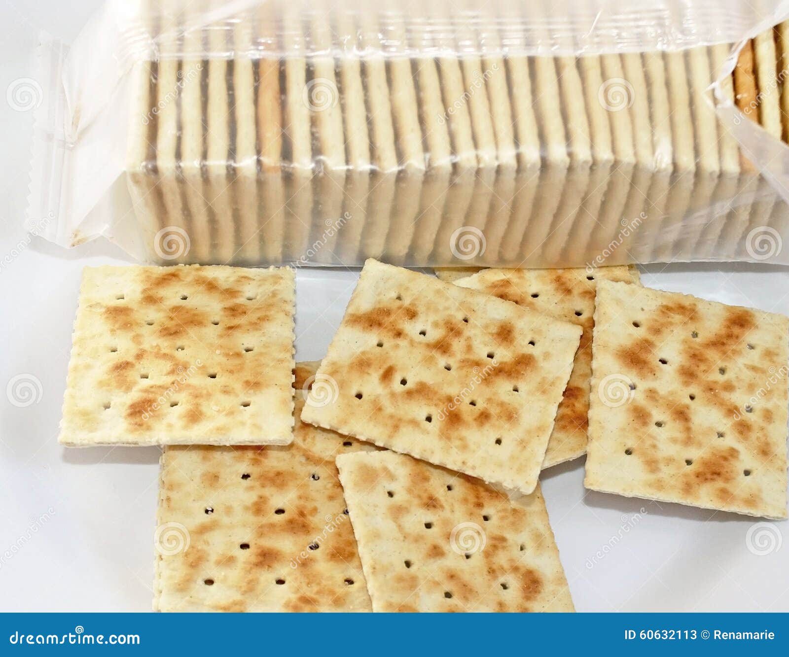 Crispy Soda Crackers on Plate. Open Package in Background Stock Image
