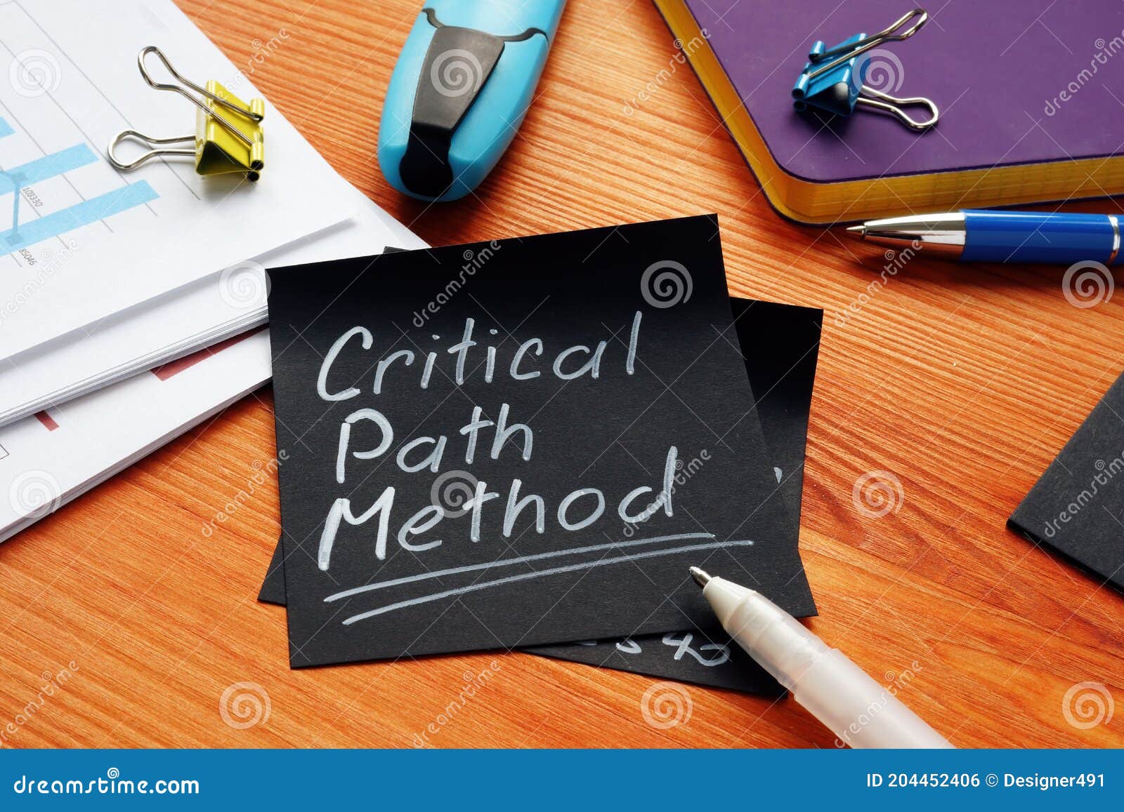 critical path method cpm memo and stack of papers.