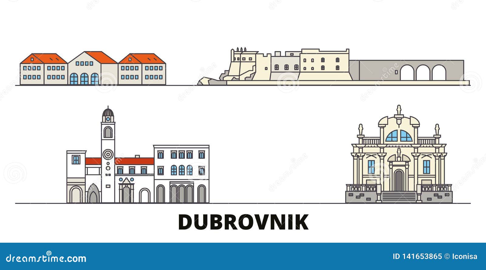 Croatia, Dubrovnik Flat Landmarks Vector Illustration. Croatia