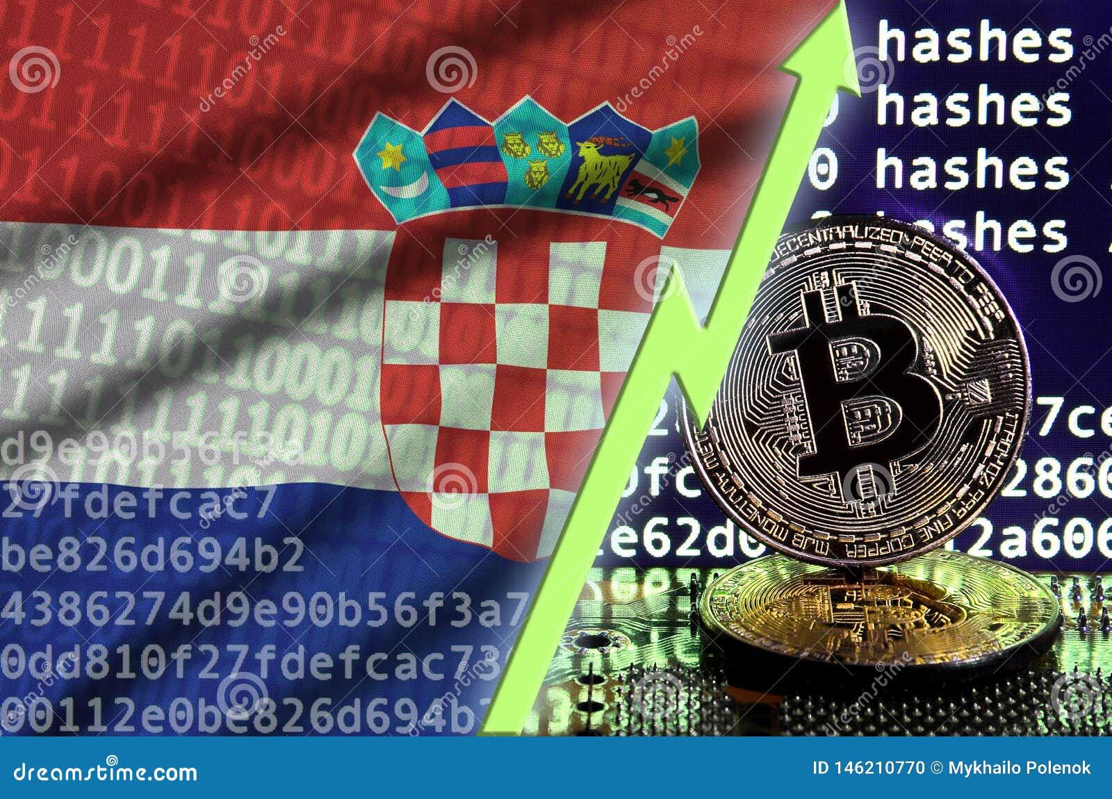Croatia Flag And Rising Green Arrow On Bitcoin Mining ...