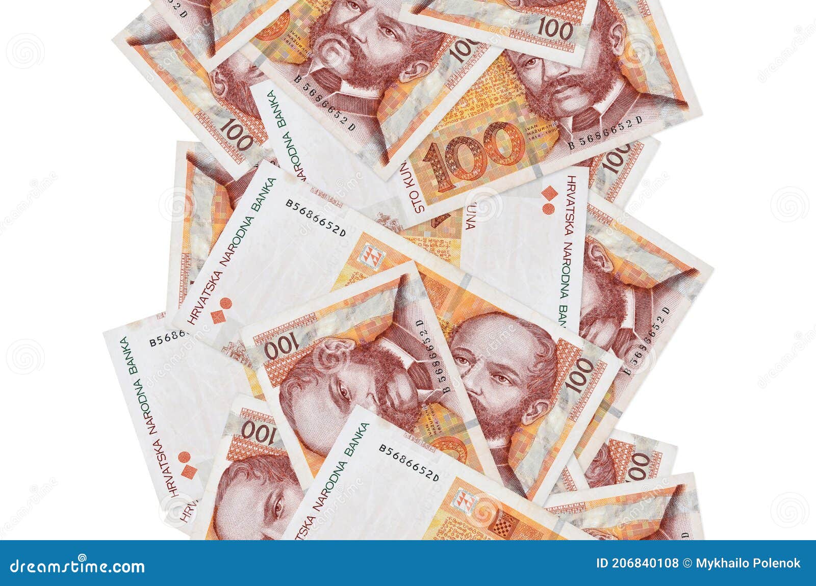 100 Croatian Kuna Bills Flying Down Isolated on White. Many Banknotes