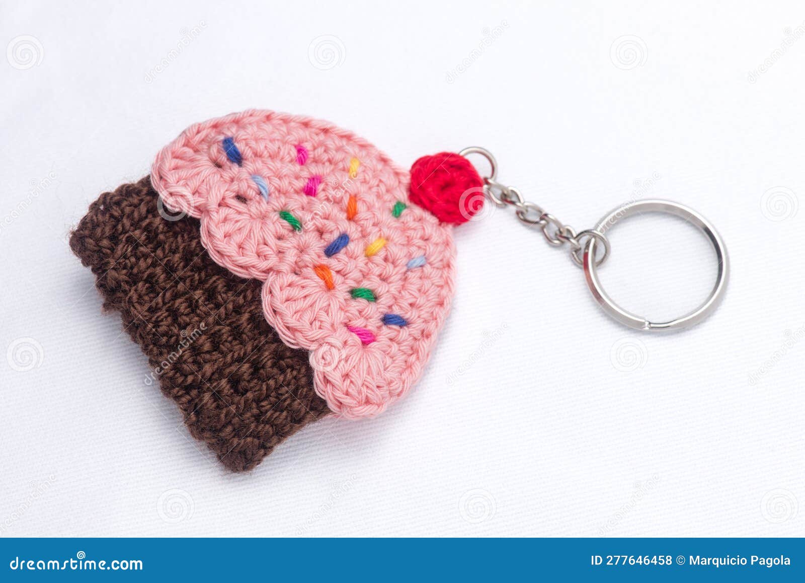 Crocheted Keychain in the Shape of a Vanilla and Raspberry Cupcake