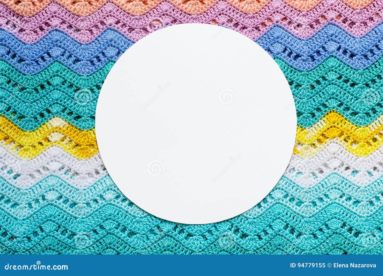 Crocheted Multicolored Cotton Fabric in Summer Colors. Round White