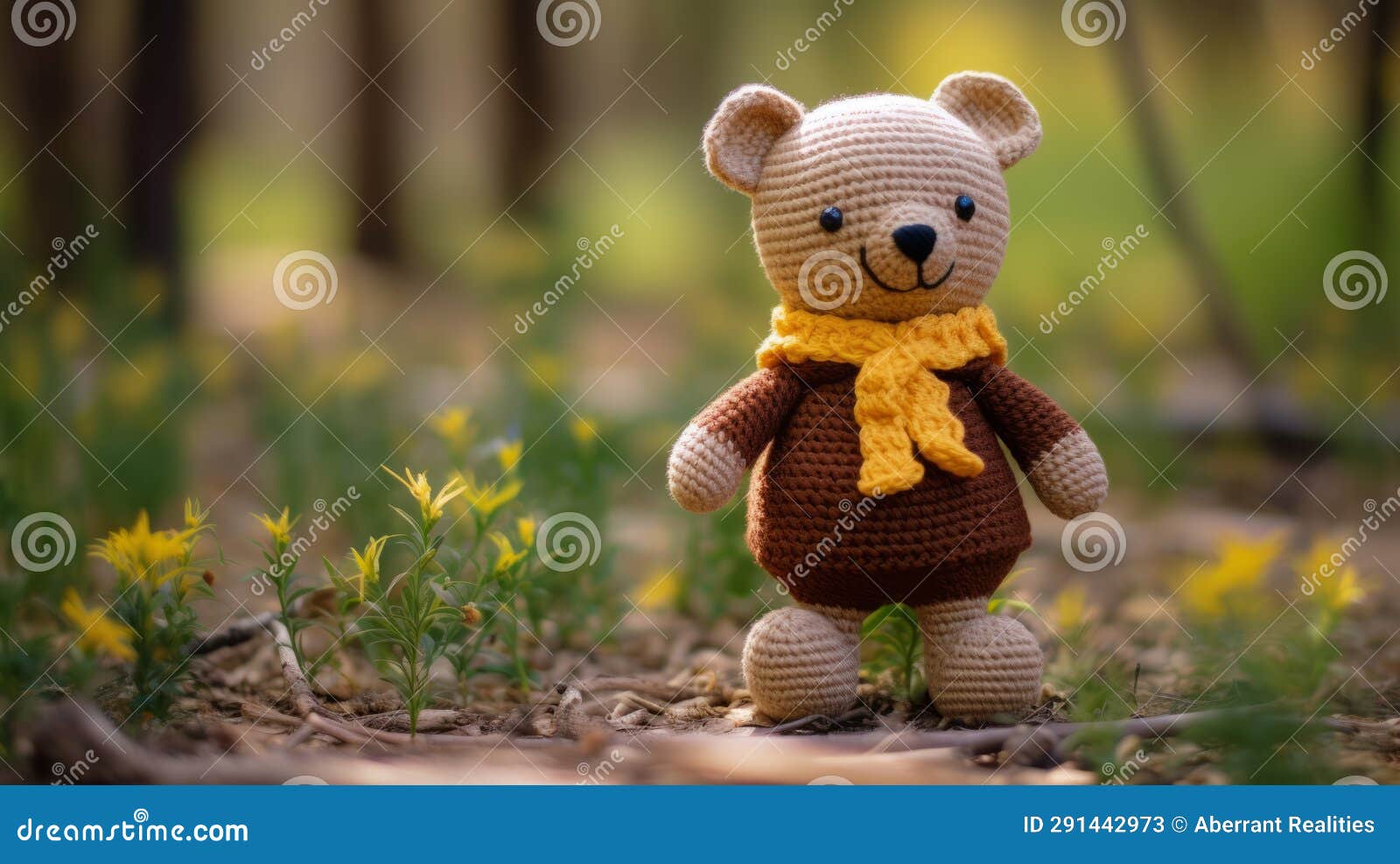 A Crocheted Teddy Bear Standing in the Woods Stock Illustration