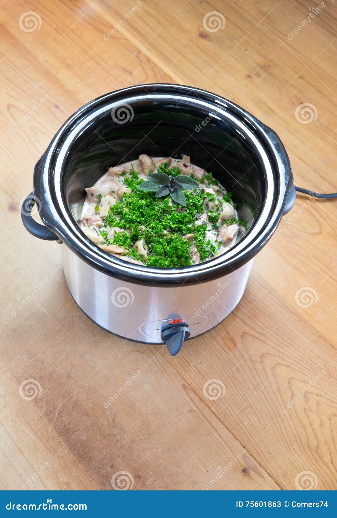 crockpot slow cooker meal with chicken and fresh herbs