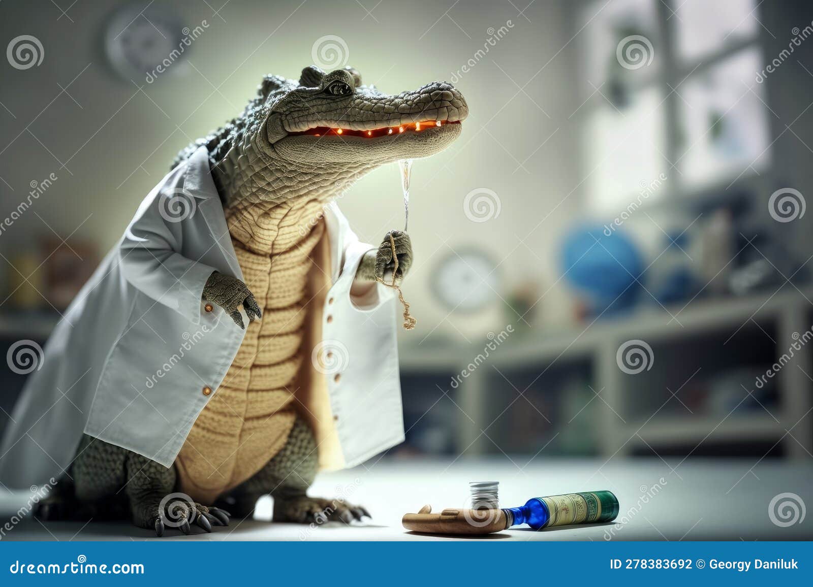 Médico crocodilo infantil com personagem médico engraçado dos desenhos  animados de vetor de seringa isolado.