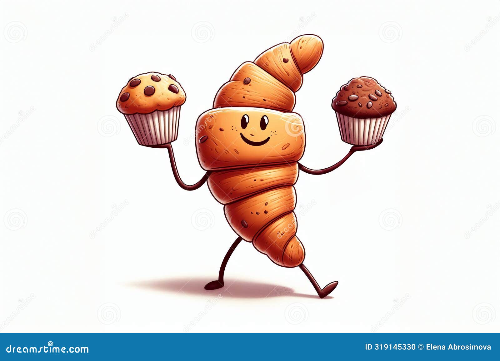A Croissant Character, Animated in 3D Render. with a Cupcake and Muffin 