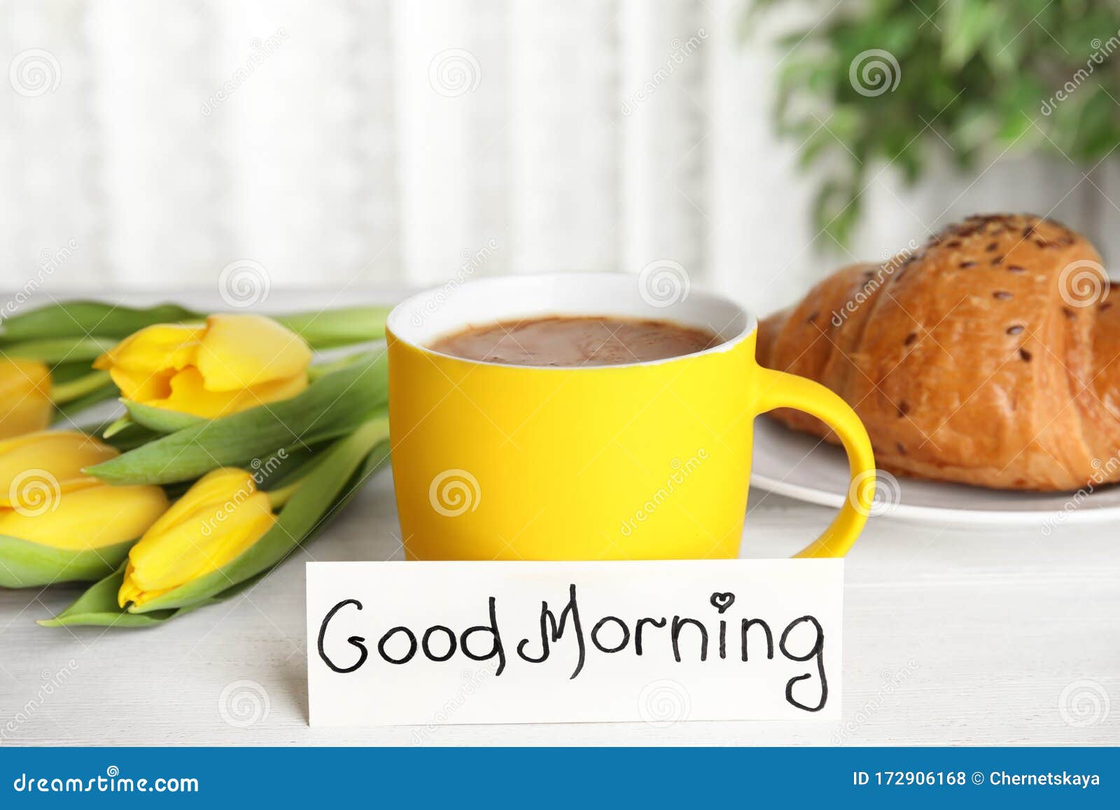 Croissant, Coffee, Beautiful Flowers and Card with Words GOOD ...