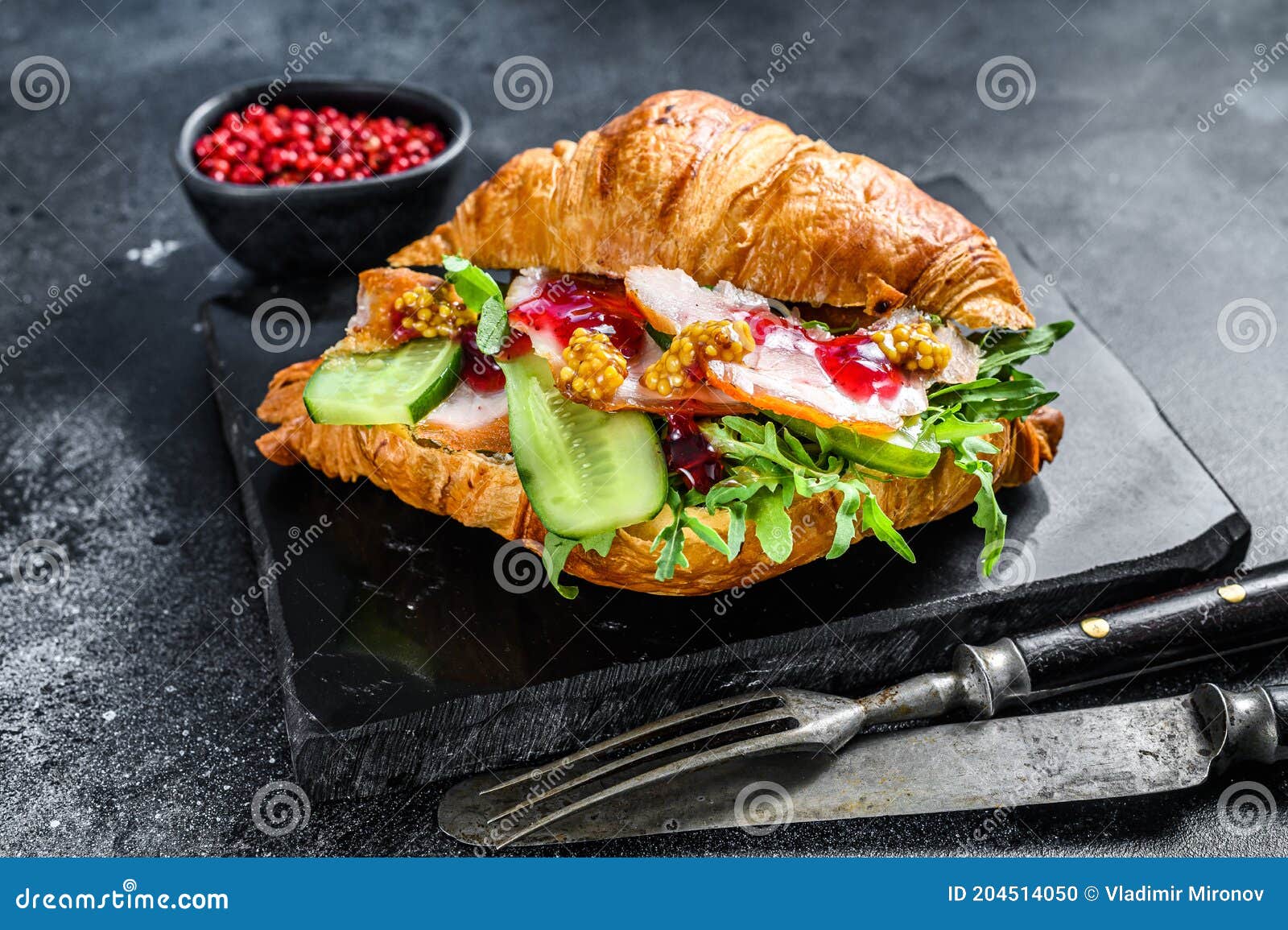 Croissant Sandwich with Cheese, Arugula and Ham. Black Background Stock Photo Image of meal