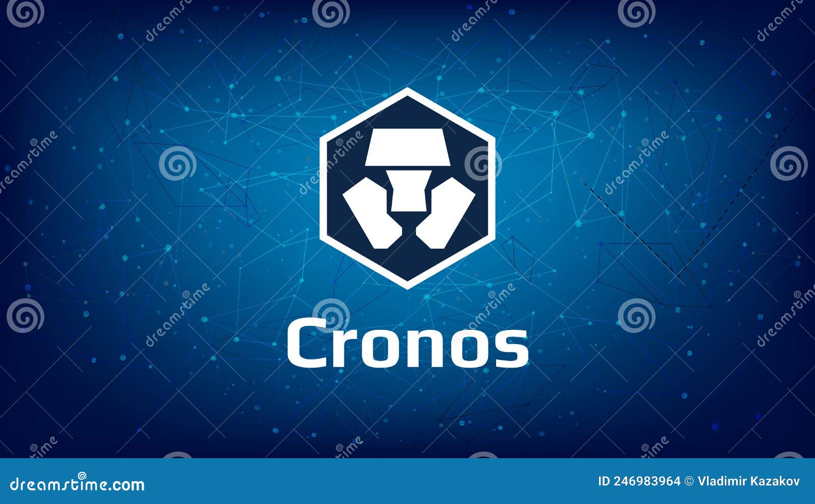 cronos cro token  on dark blue polygonal background. crypto.com cryptocurrency logo icon for website or banner