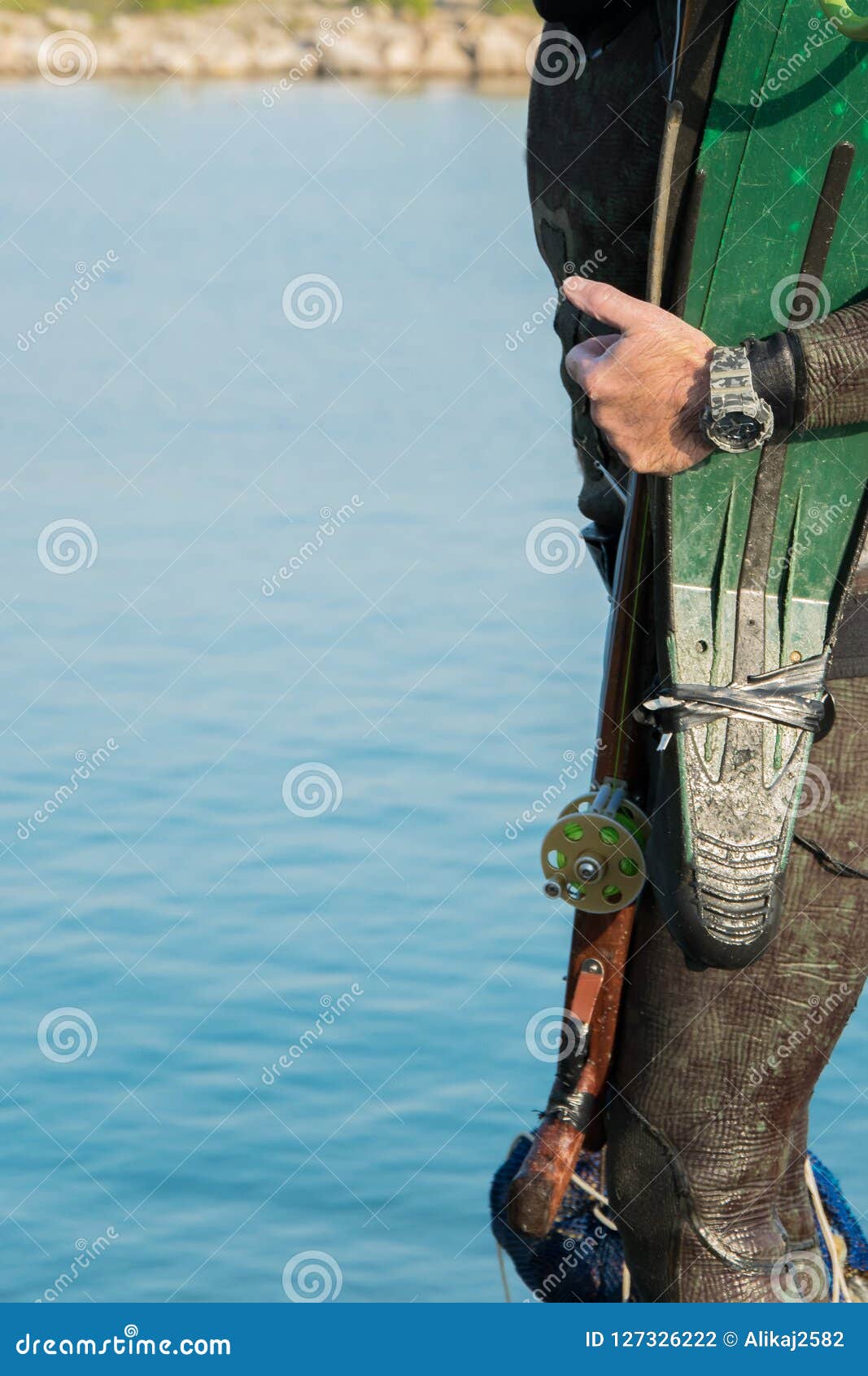 Crop View of Scuba Diver Adult Man on a Seashore with Spearfishing Gear  (fins, Speargun), Space for Text Stock Photo - Image of holiday, submarine:  127326222
