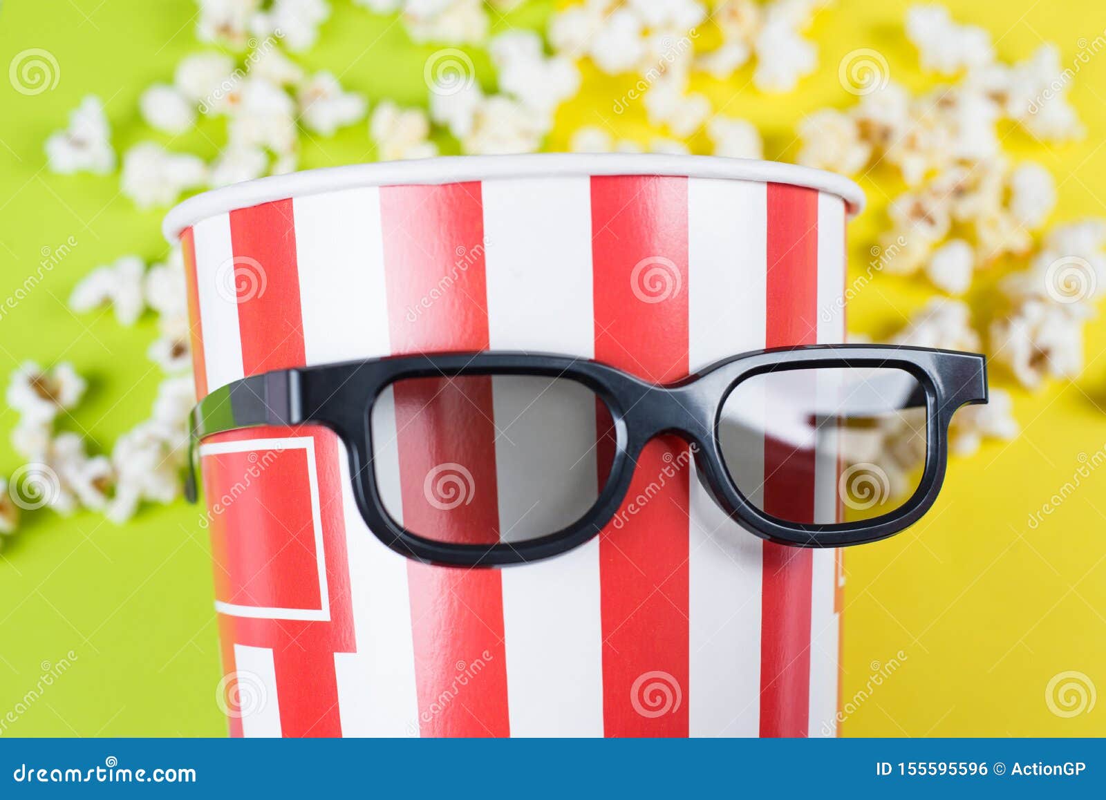 cropped close up photo of behaving like a human confident nice trend bag with popcorn wearing black 3d specs  over vivid