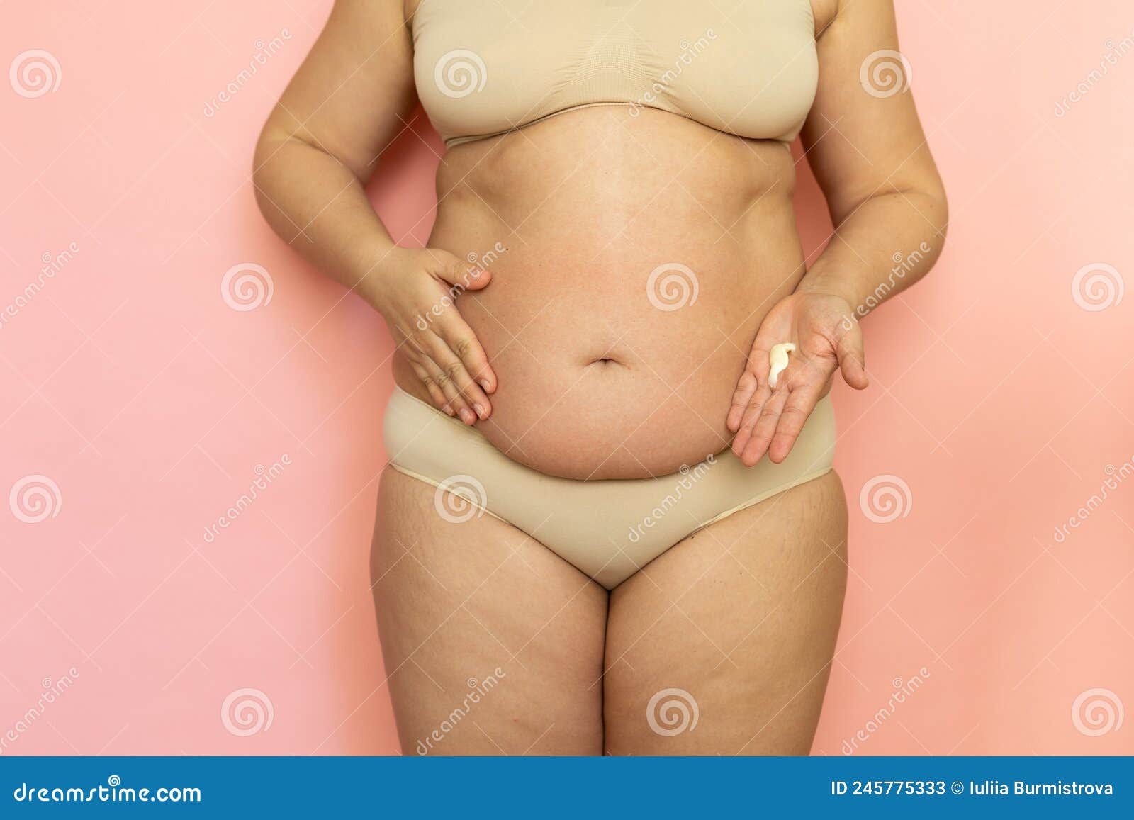 Cropped Overweight Woman in Underwear Applying Moisturizer Cream Lotion To  Her Abdomen. Belly Fat Removal. Postnatal Stock Image - Image of adiposity,  firmness: 245775333