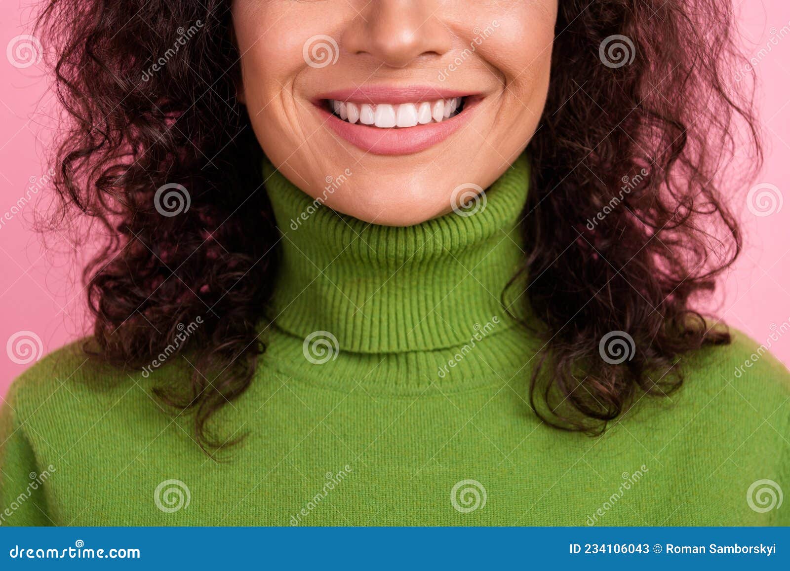 cropped photo of pretty charming african lady dressed green turtleneck smiling  pink color background