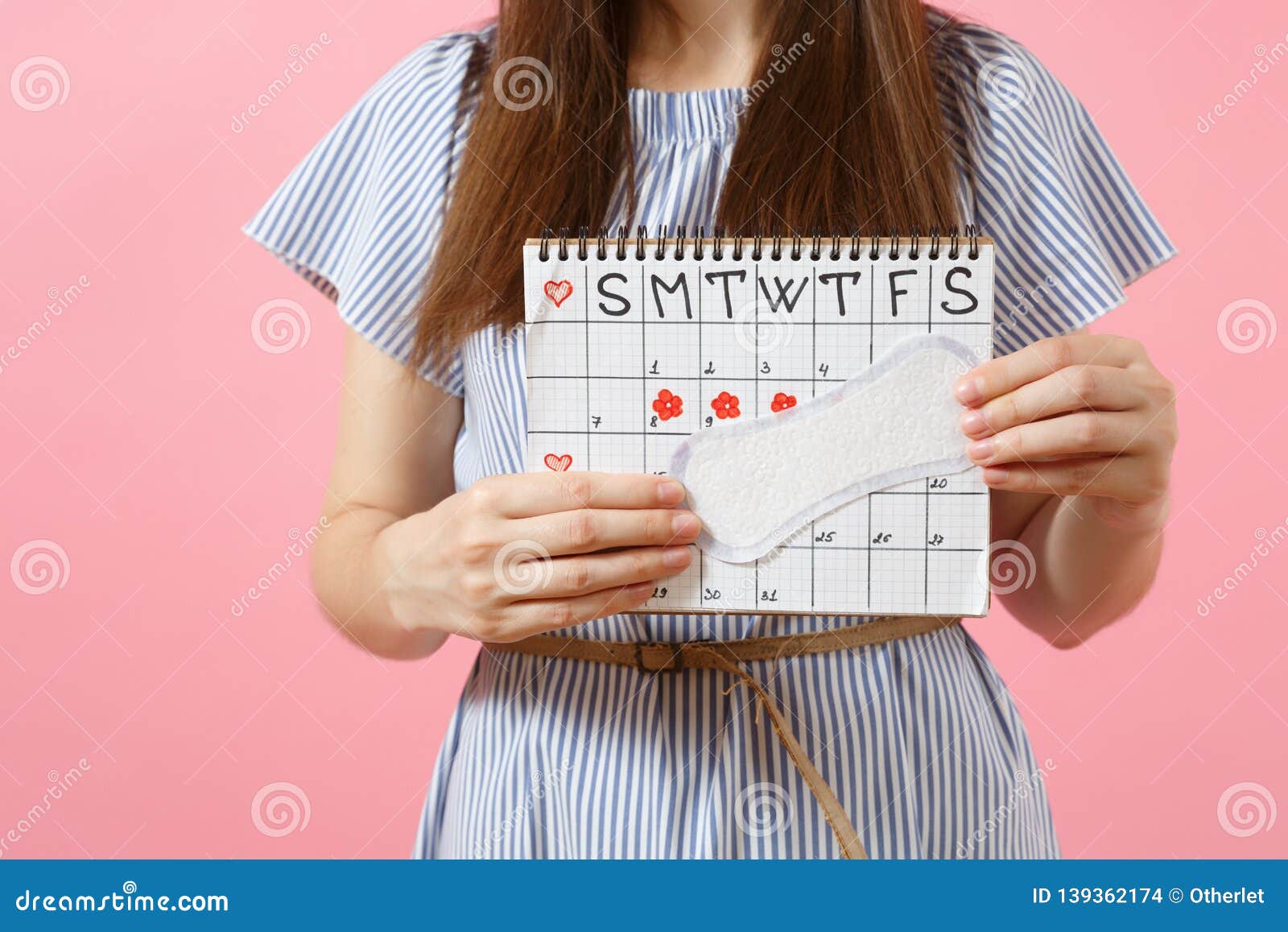 Cropped Photo Woman In Blue Dress Hat Holding Sanitary Napkin Female