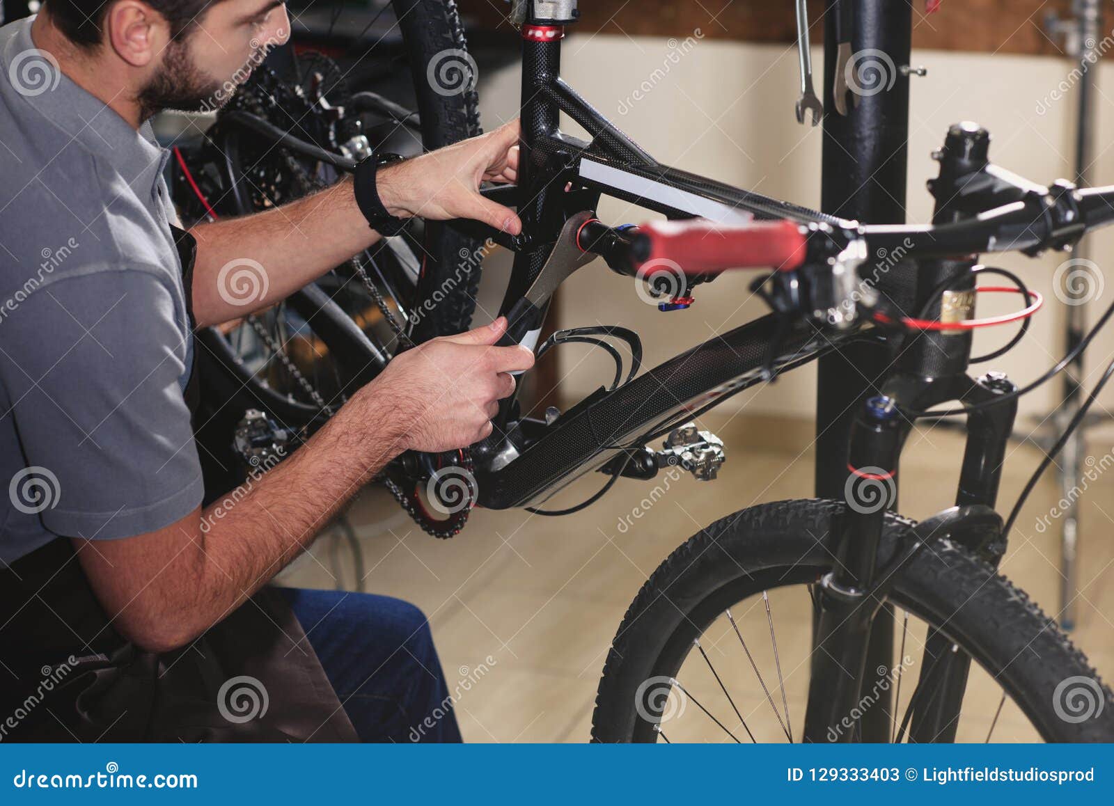 Cropped Shot of Young Worker Fixing Bicycle Stock Image Image of work