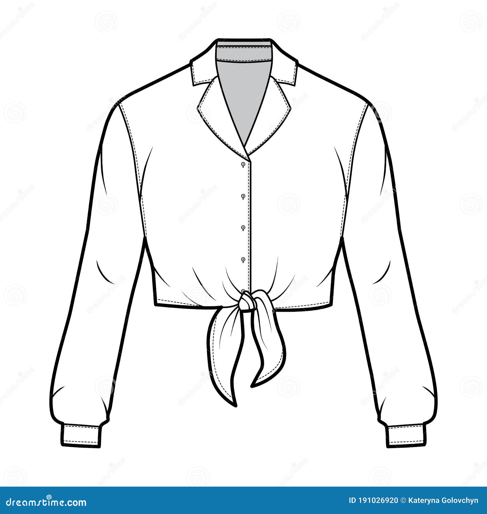 Cropped Tie-front Shirt Technical Fashion Illustration with Notched ...