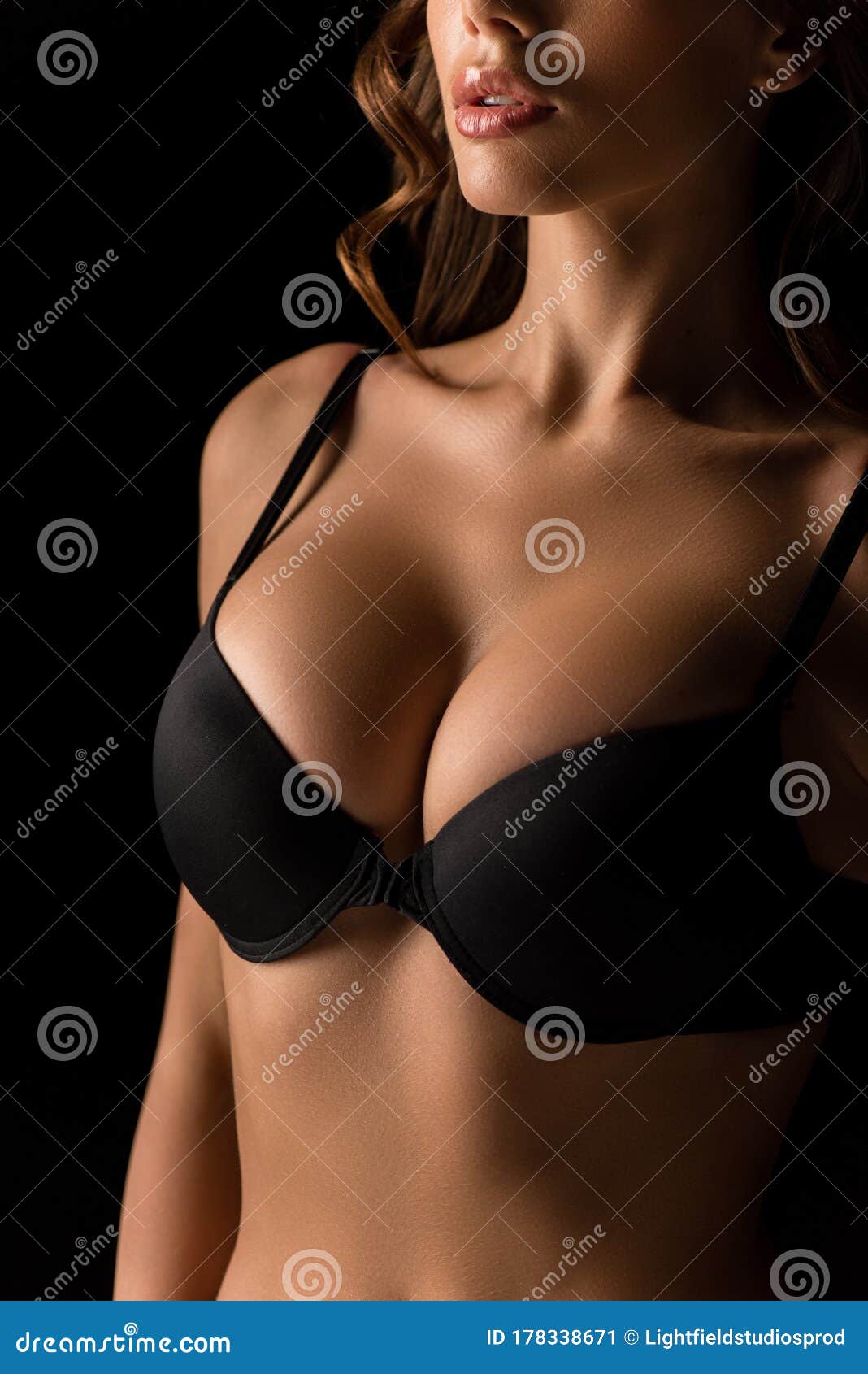 Cropped View of Girl with Big Breasts in Black Bra Stock Image - Image of  partial, girl: 178338671