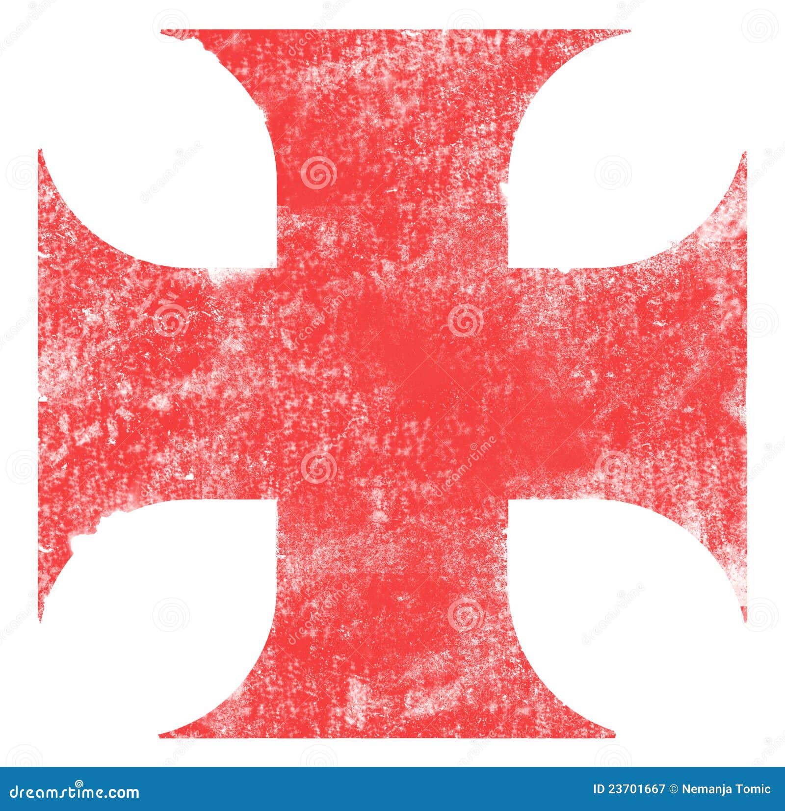 Knight templar`s red cross. Stained effect on white background.