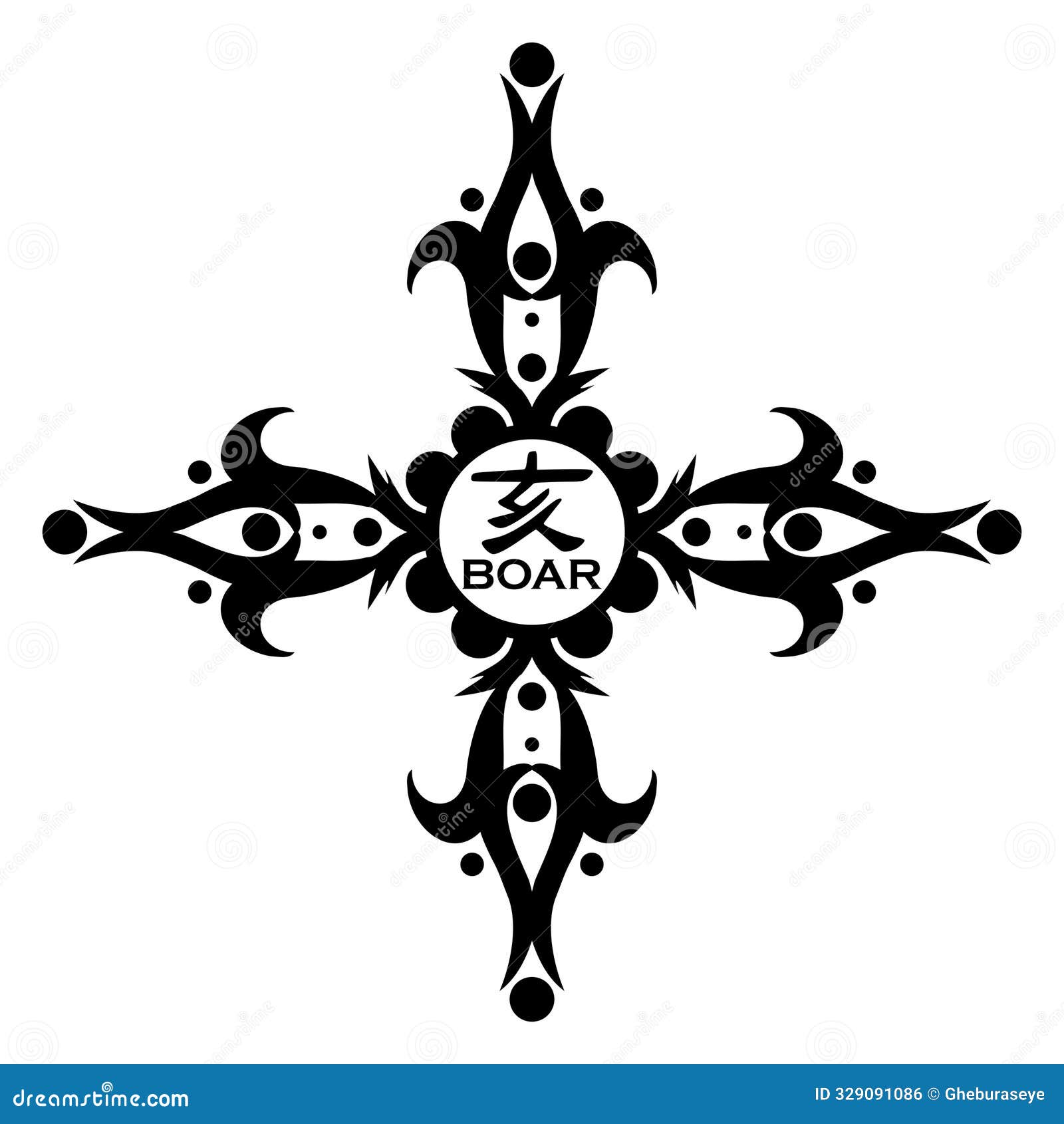 cross with boar ideogram, black and white, tattoo, , chinese zodiac, horoscope.