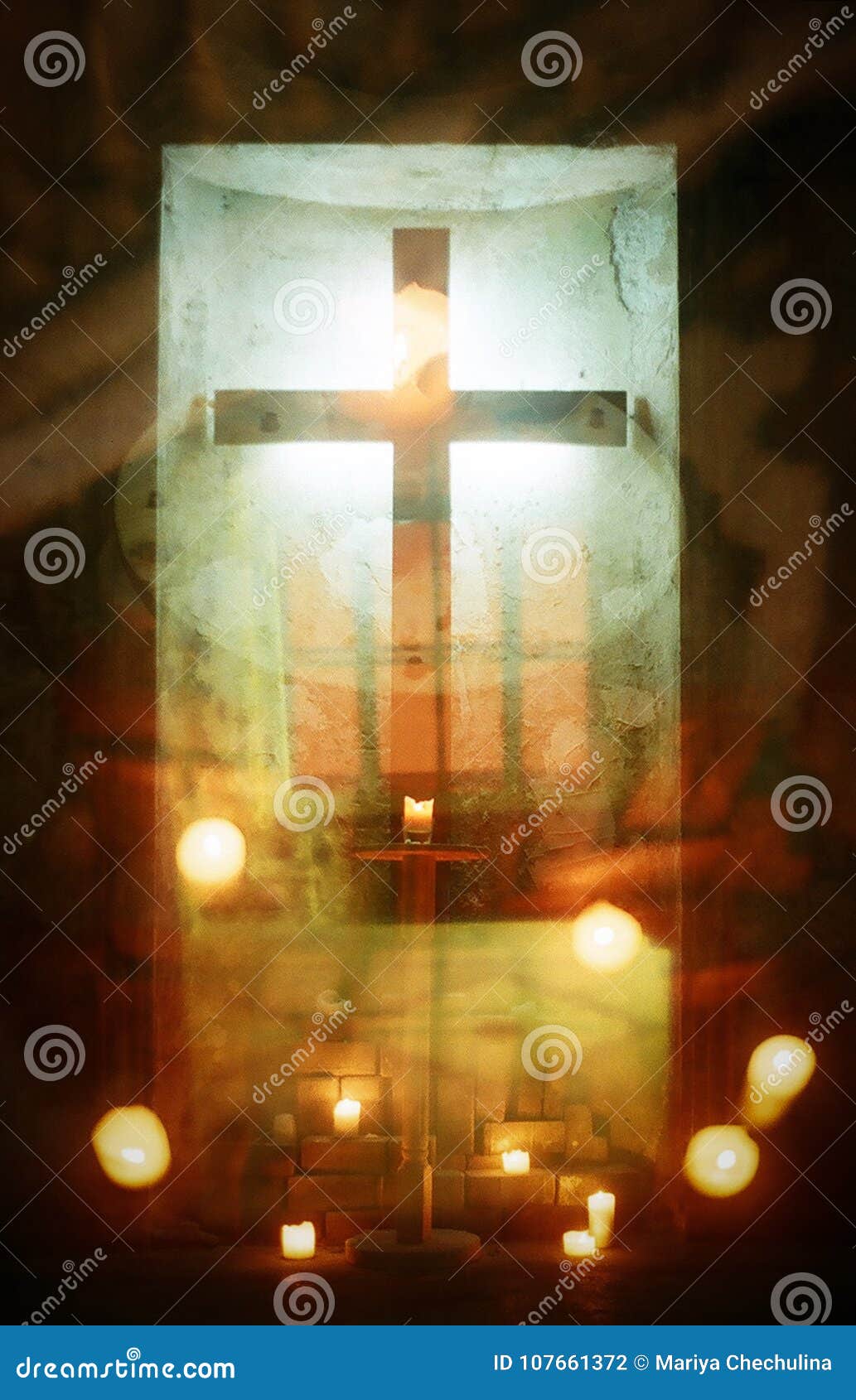 cross in catholic church and the burning candles.