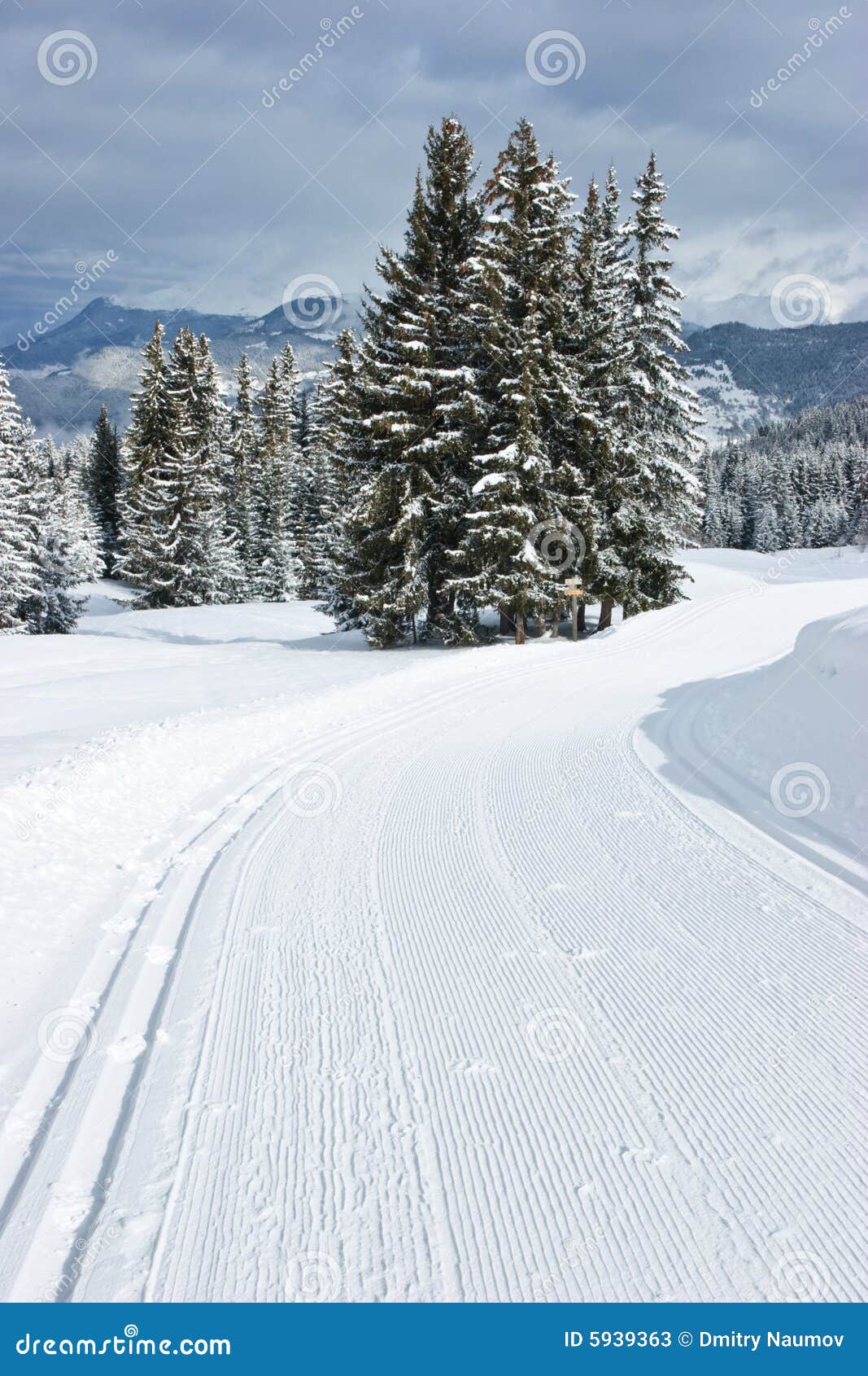 Freshly groomed empty cross-country ski track at French Alps