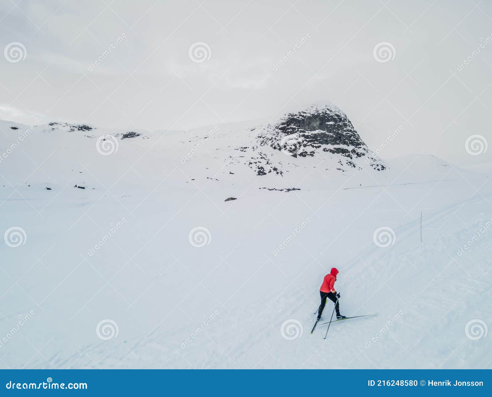 cross country skier traveling across a snowy arctic tundra.