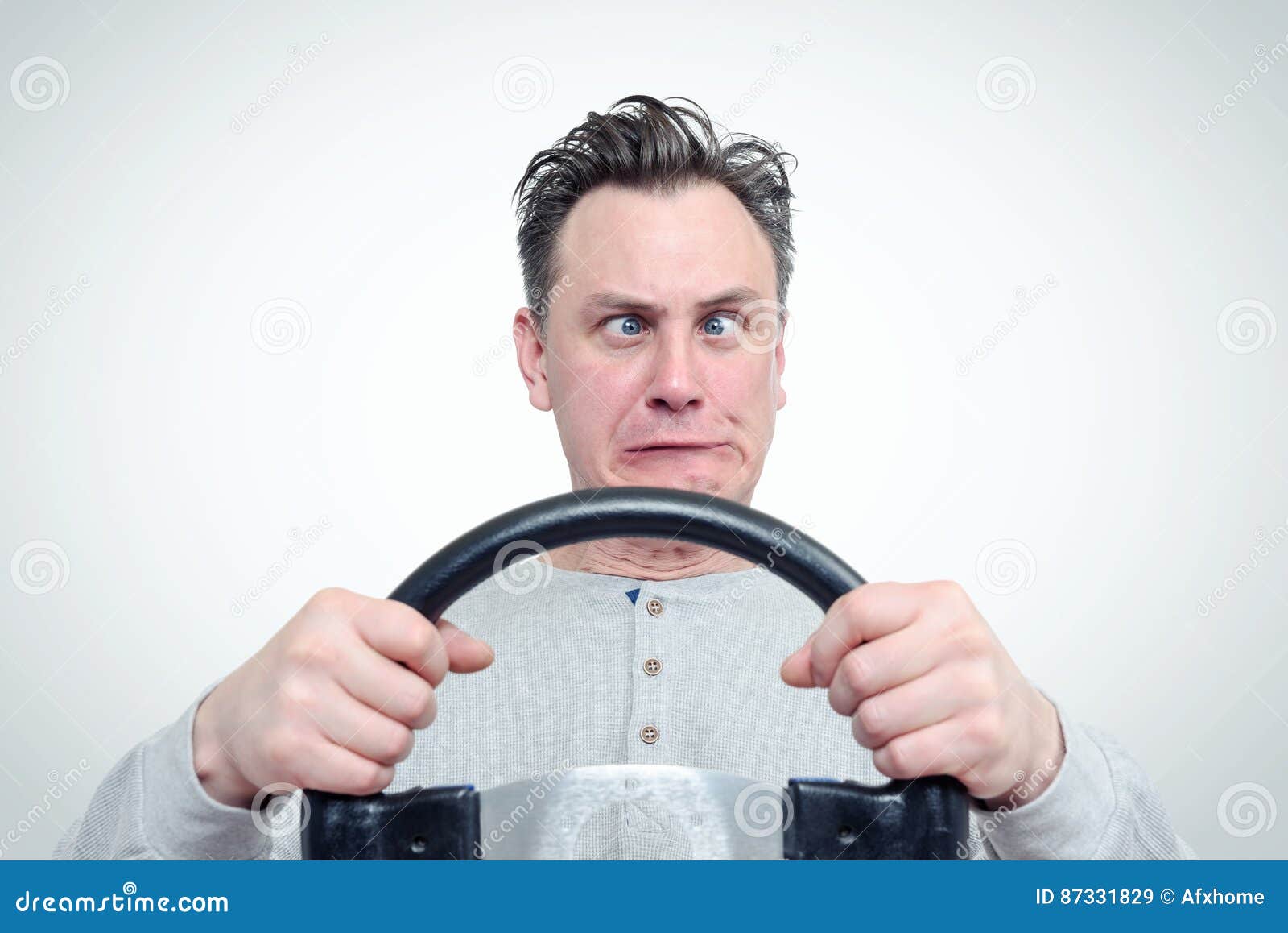 Crosseyed Funny Man Driver with Steering Wheel Stock Image Image of