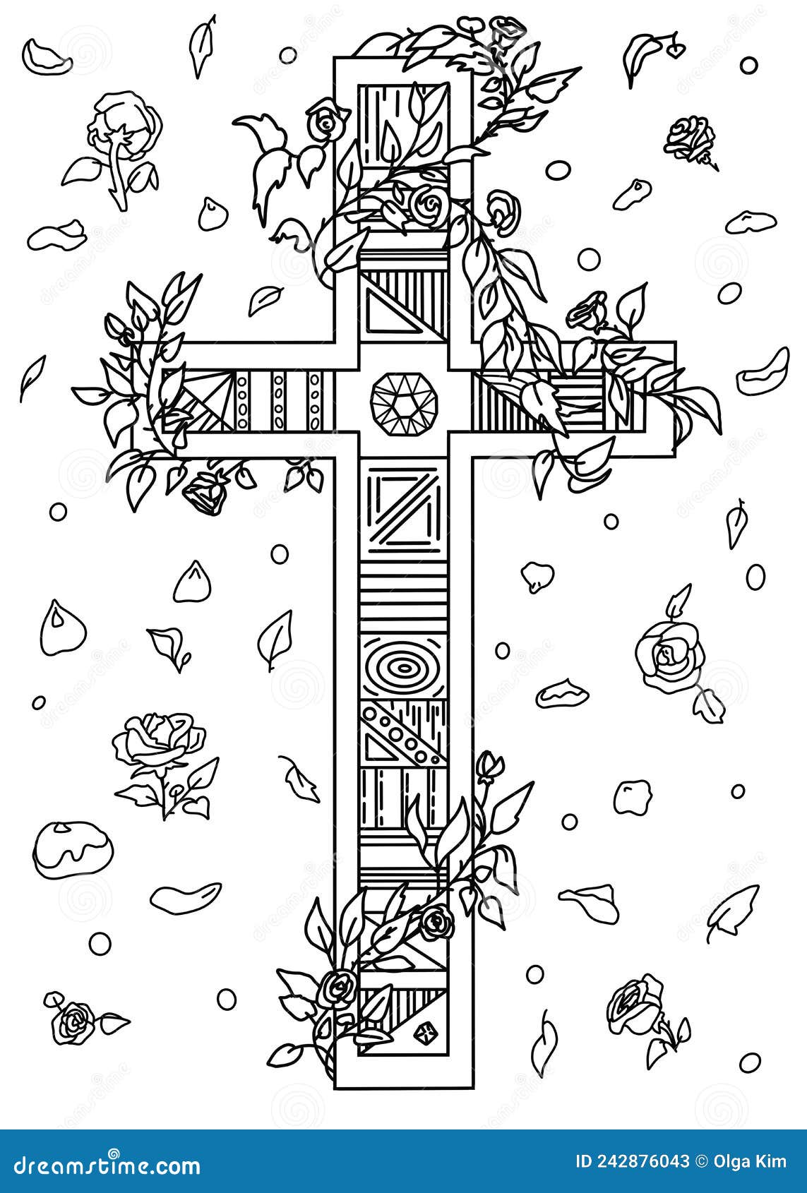 cross with incrustation and rose wreath. coloring book drawing for christian people. gothic cross with flower creeper