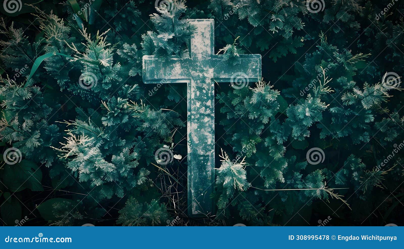 cross in dark teal grass and wooden grave stone