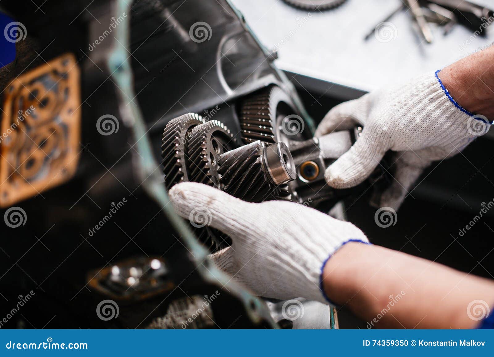 Crosssection of a Car Gearbox. Mechanics Work in the Garage Stock